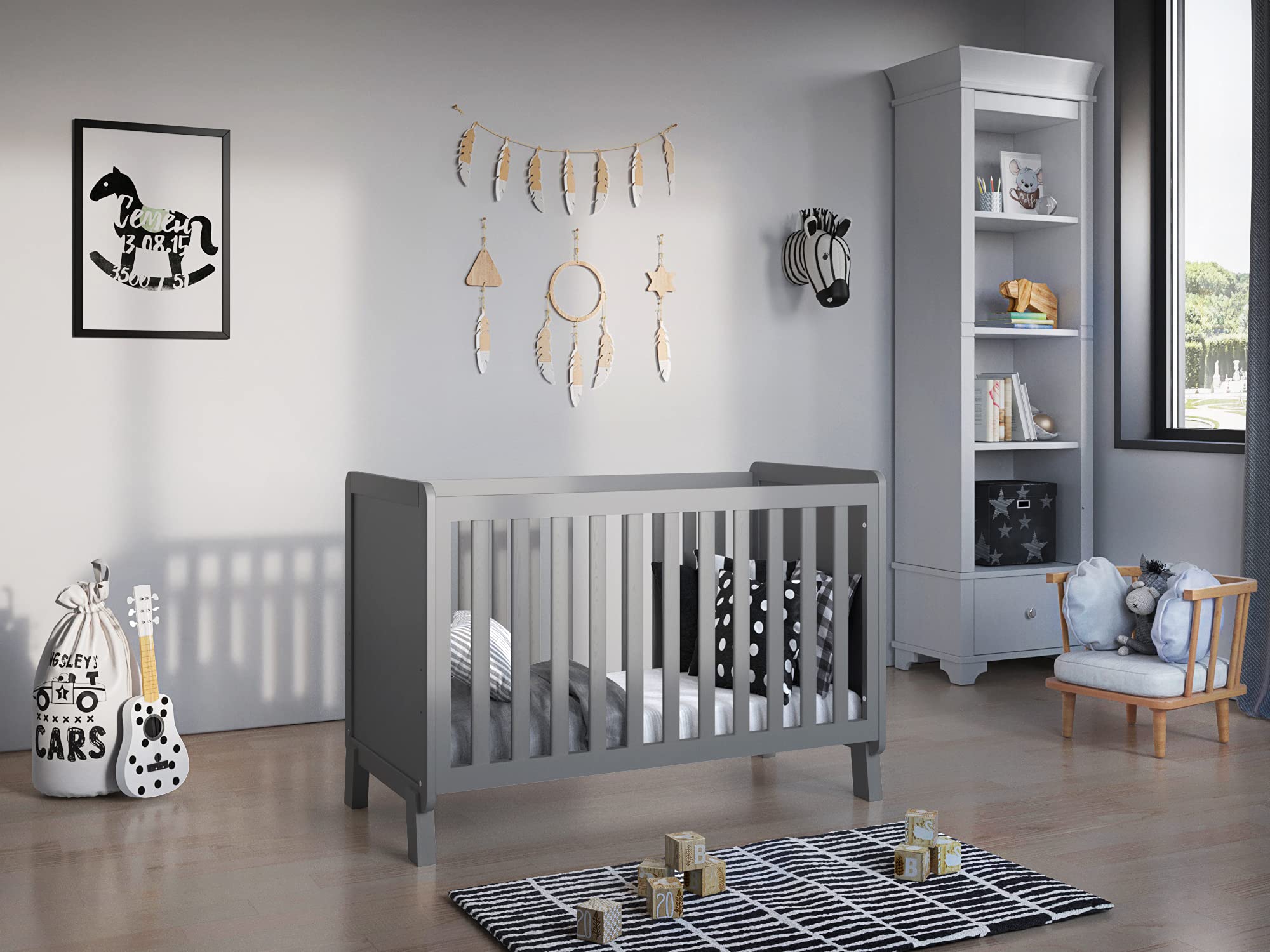 Love For Sleep Lettino Neonato Culla Neonato 120x60 cm in Legno di Pino Grigio con Barriera di Sicurezza – Lettino Trasformabile per Bambino 0-3 Anni