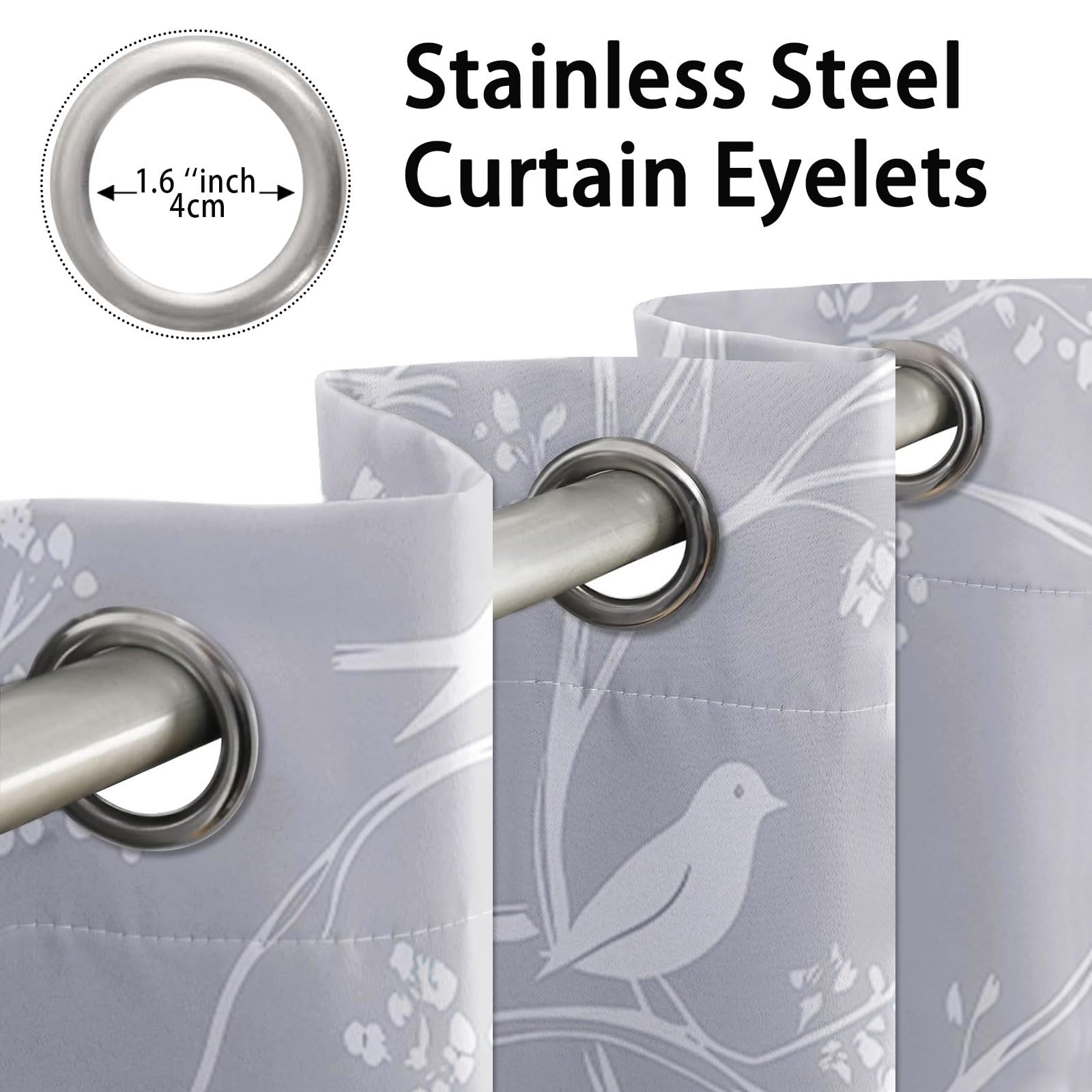 Rideau occultant à Motif de Petits Oiseaux, Oiseau Feuille Rideaux œillets Isolation Thermique Traitements fenêtre à œillets pour Chambre À Coucher, 140L X 260H cm (2 Panneaux), Gris Blanc