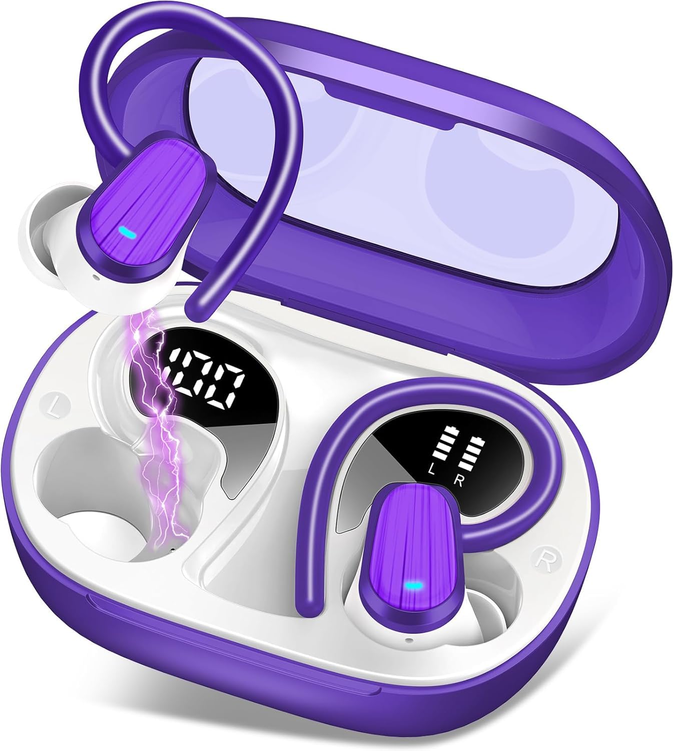 Wireless Earbuds, 50H Bluetooth 5.4 Headphones Sport, Bluetooth Earbuds with ENC Noise Canceling, HiFi Stereo Sound Wireless Earphones with Earhooks, IP7 Waterproof Ear Buds, Grape Purple