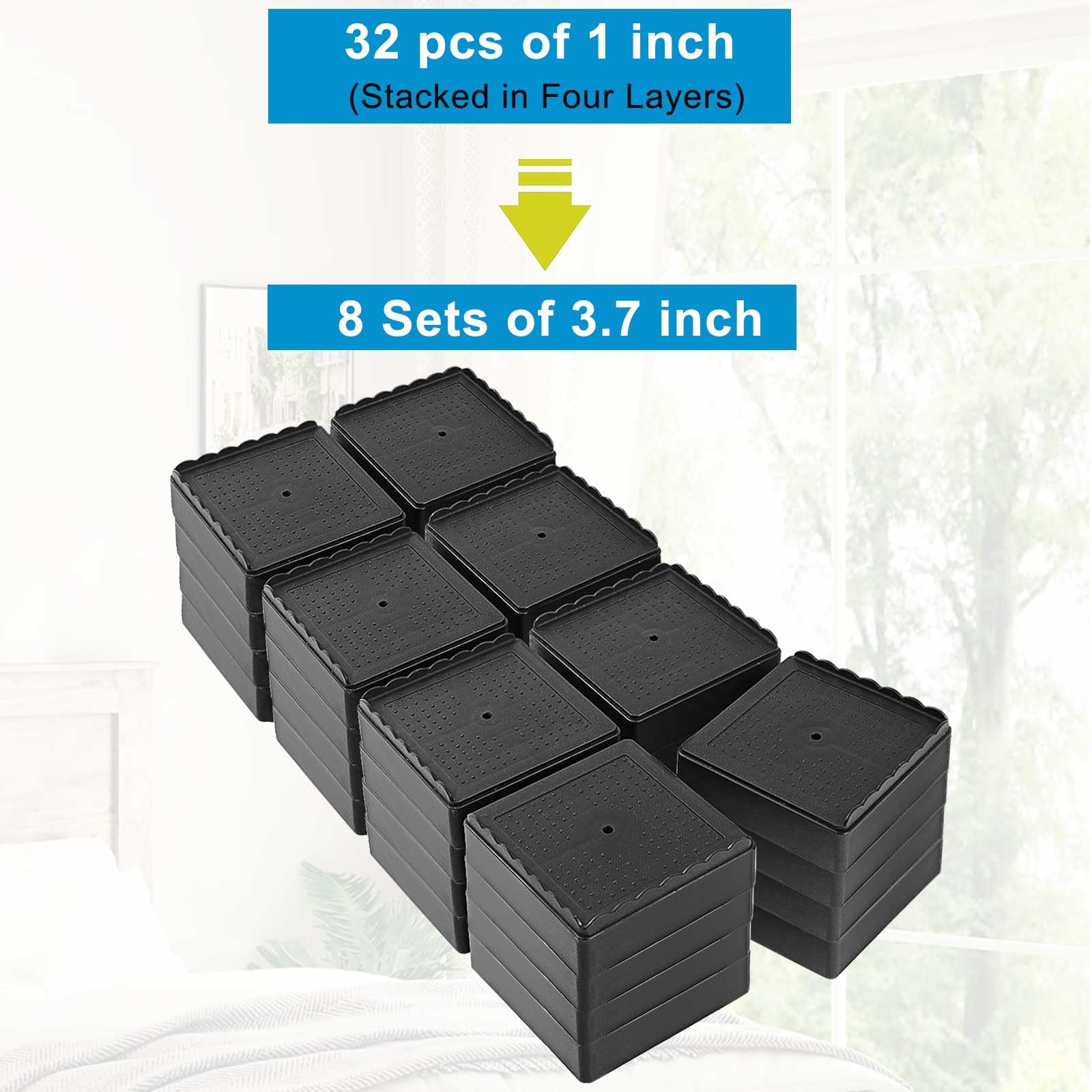 Elevadores de cama de 1, 2, 3 y 4 pulgadas, resistentes, ajustables para mesa, escritorio, sofá, silla, reclinable, marco de patas para dormitorio, bloques apilables (negro, paquete de 8, 1+1+1+1+1
