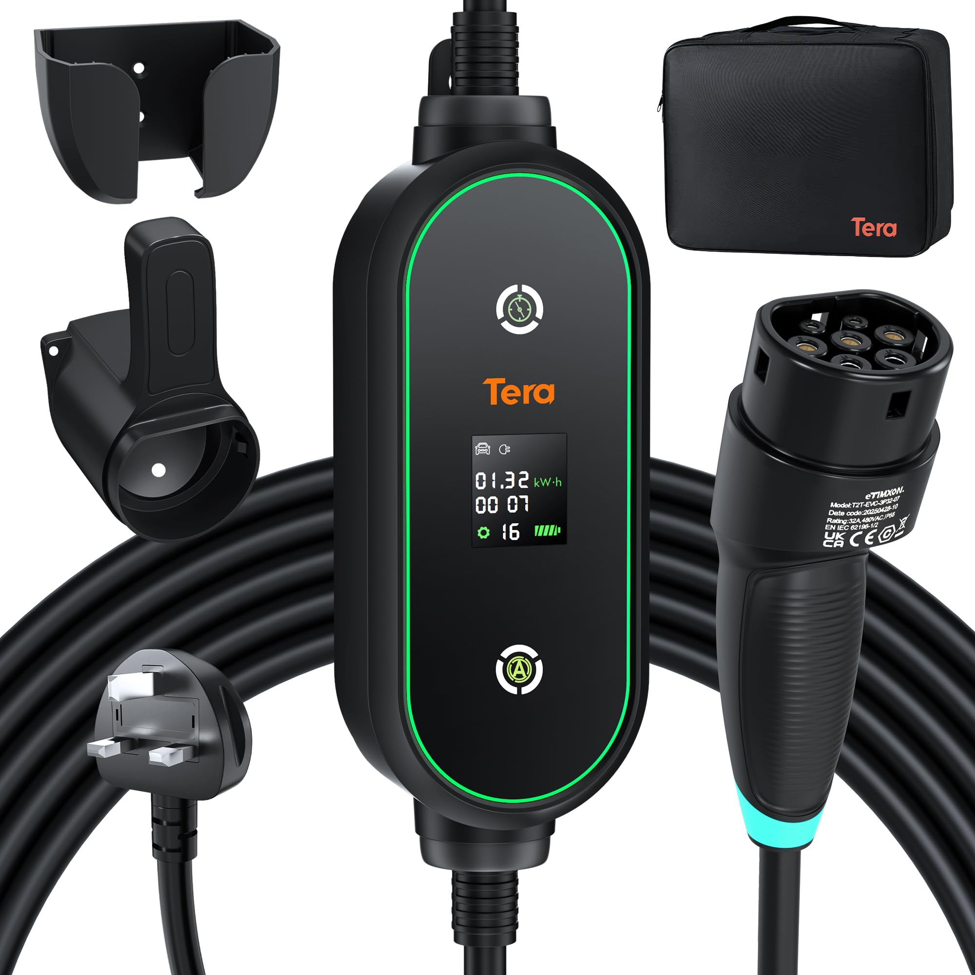 Tera Portable EV Charger Type 2: 3kW IP66 Adjustable 6A/8A/10A/13A UK 3 Pin Plug Electric Car Charger 6M Charging Cable EV Charger for up to 5H Delay Time 2.0'' LCD Screen with Cable Holder & Bag P03