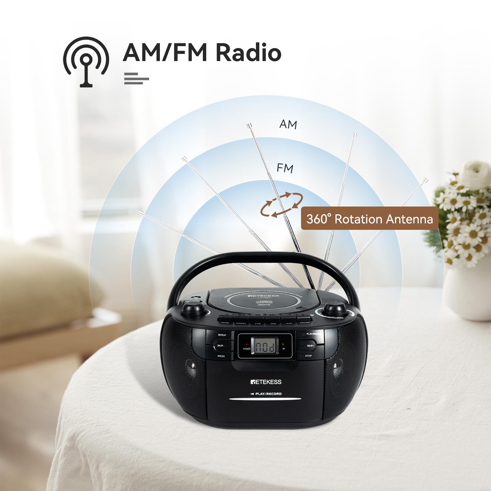 Retekess TR621 Przenośny Odtwarzacz CD Boombox Stereo z Radiem AM FM, Odtwarzacz Kasetowy, Magnetofon Kasetowy, Obsługa USB/TF/Słuchawek, z Pilotem (czarny)
