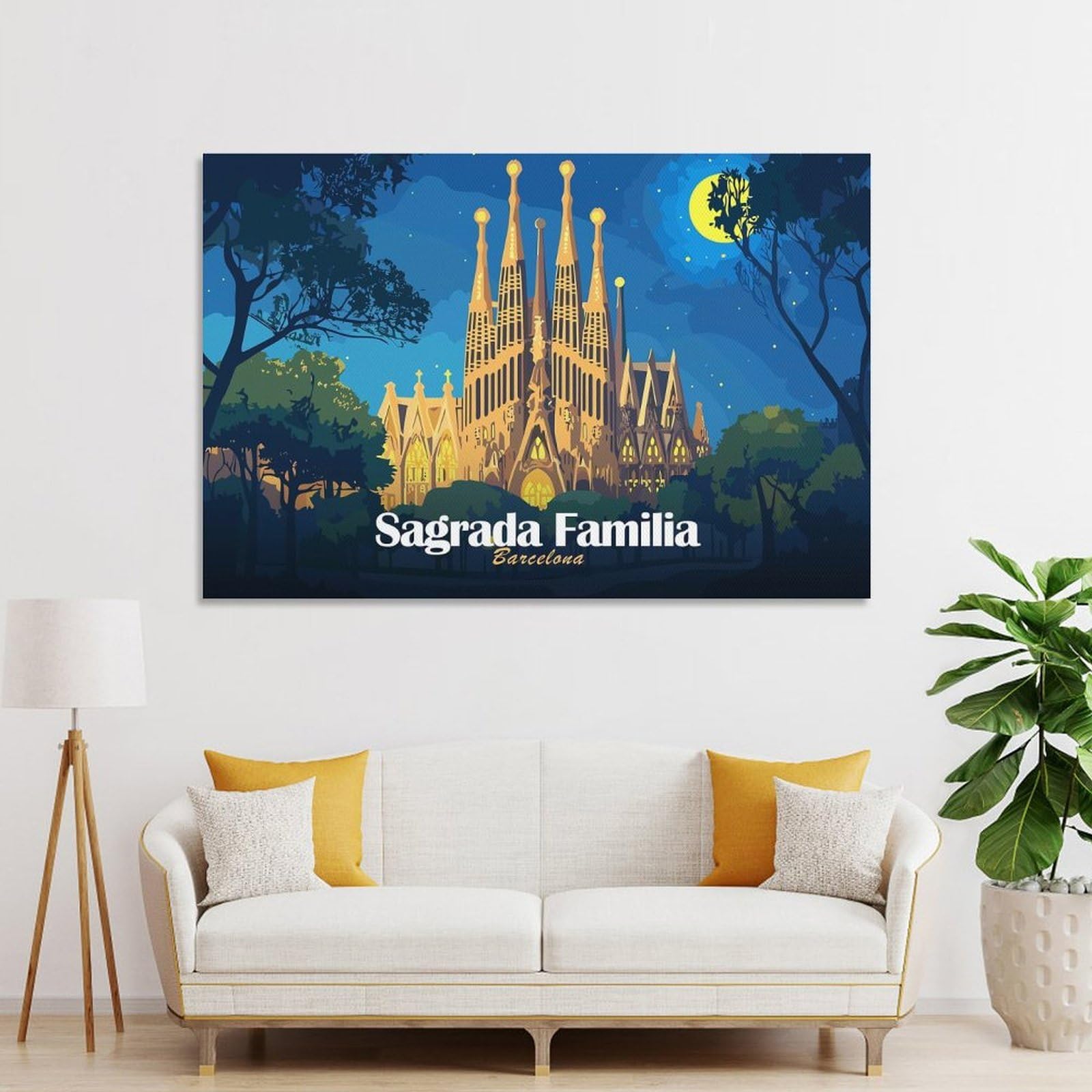 Junmoney Sagrada Familia Barcelona Night Illustration Canvas Wall Picture, 24x36inch(60x90cm), for Flats, Guest Rooms Or Compact Rooms, An Easy Choice for New Home Styling