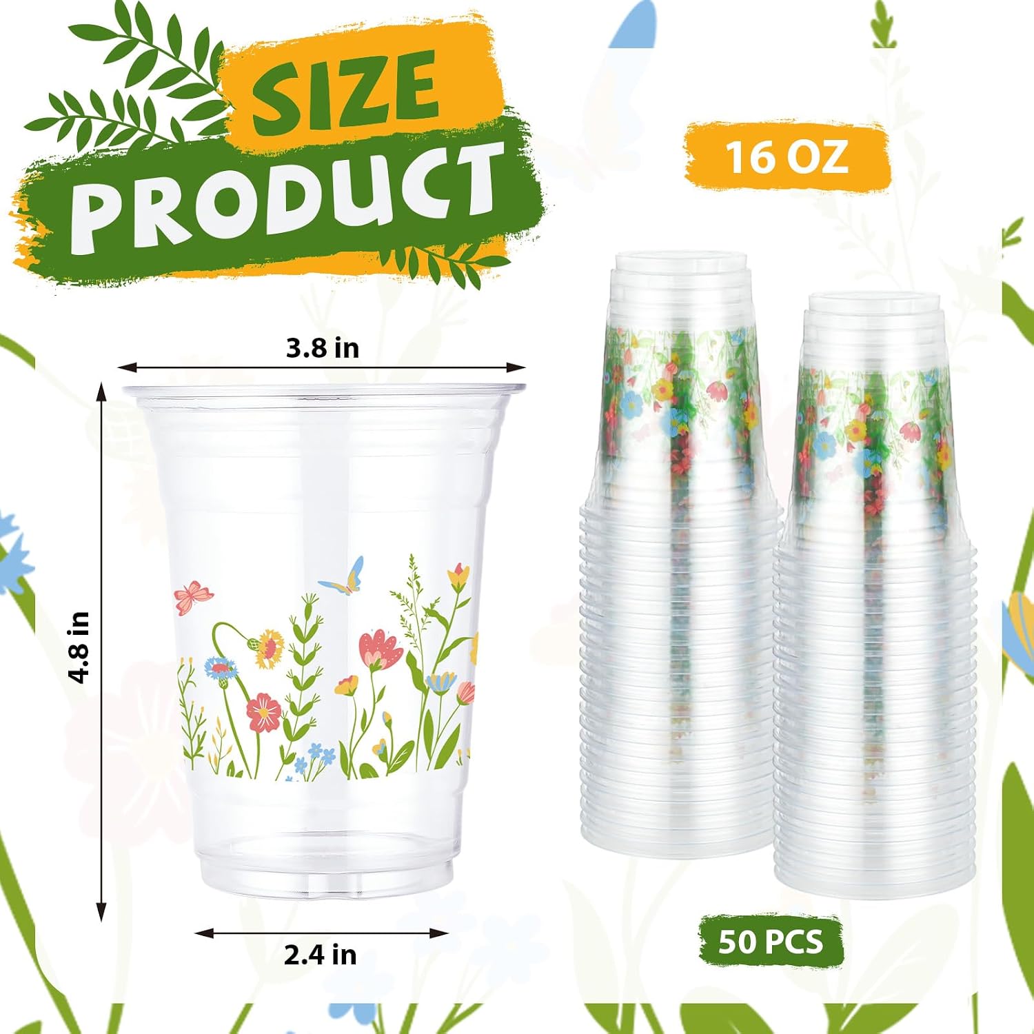 100Pcs Wildflower Plastic Cups 16 oz Pink Floral Butterfly Theme Disposable Plastic Cups with Spring Summer Flower for Spring Birthday Wedding Baby Bridal Party Supplies Beverage Drinking