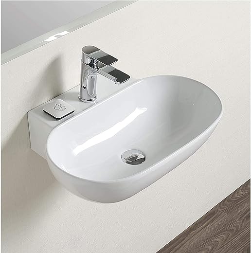 LACTOSE Wall Mounted Ceramic Wash Basin (22 x 17 x 5 In) – Lightweight Over The Counter Small Sink for Bathroom, Living Room (White)