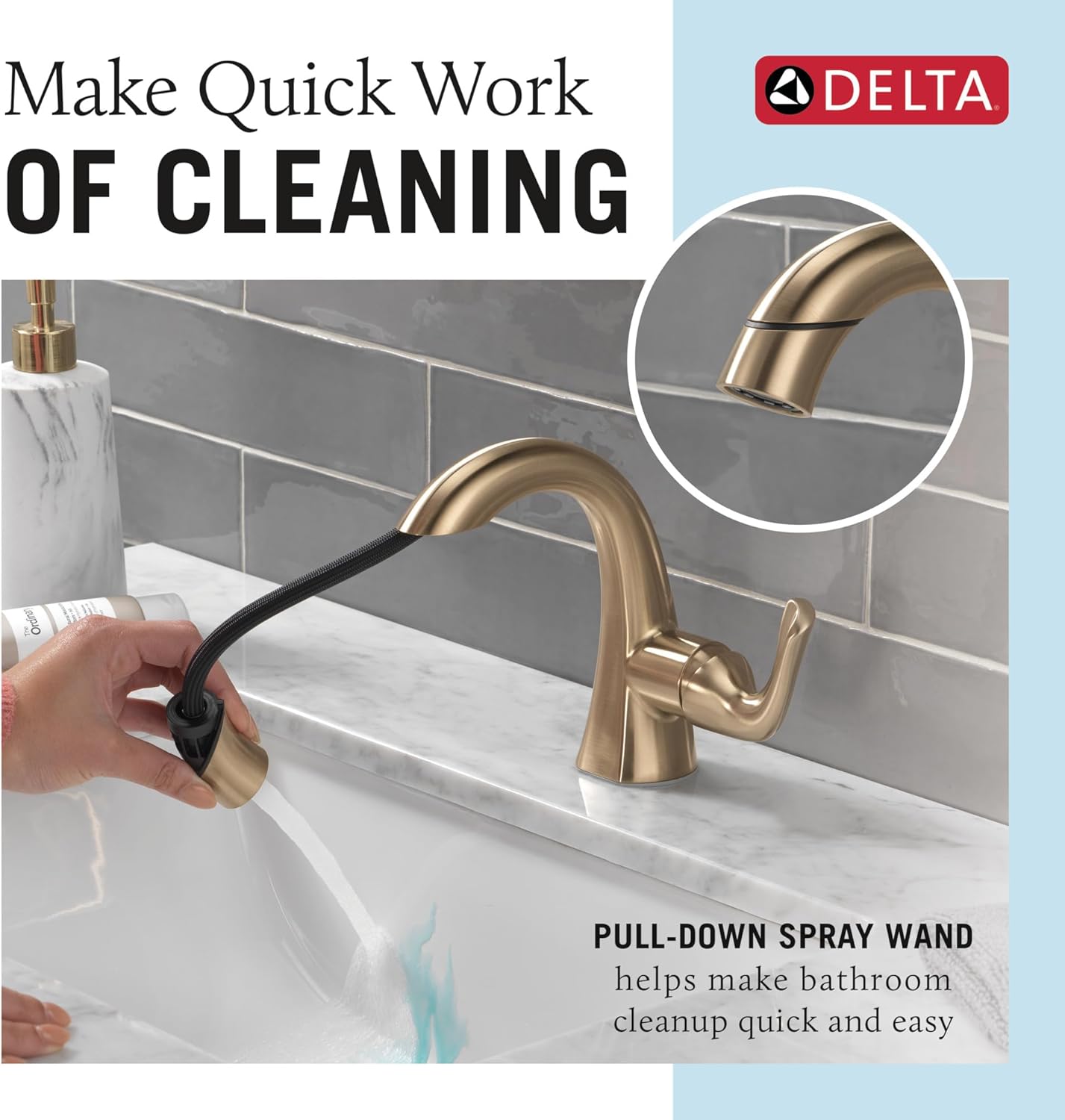 delta arvo 1 hole brushed gold bathroom faucet with sprayer, single hole bathroom sink faucet with pull out sprayer for vanity, push-pop drain, champagne bronze 15840lf-czpd champagne bronze pull-down spout