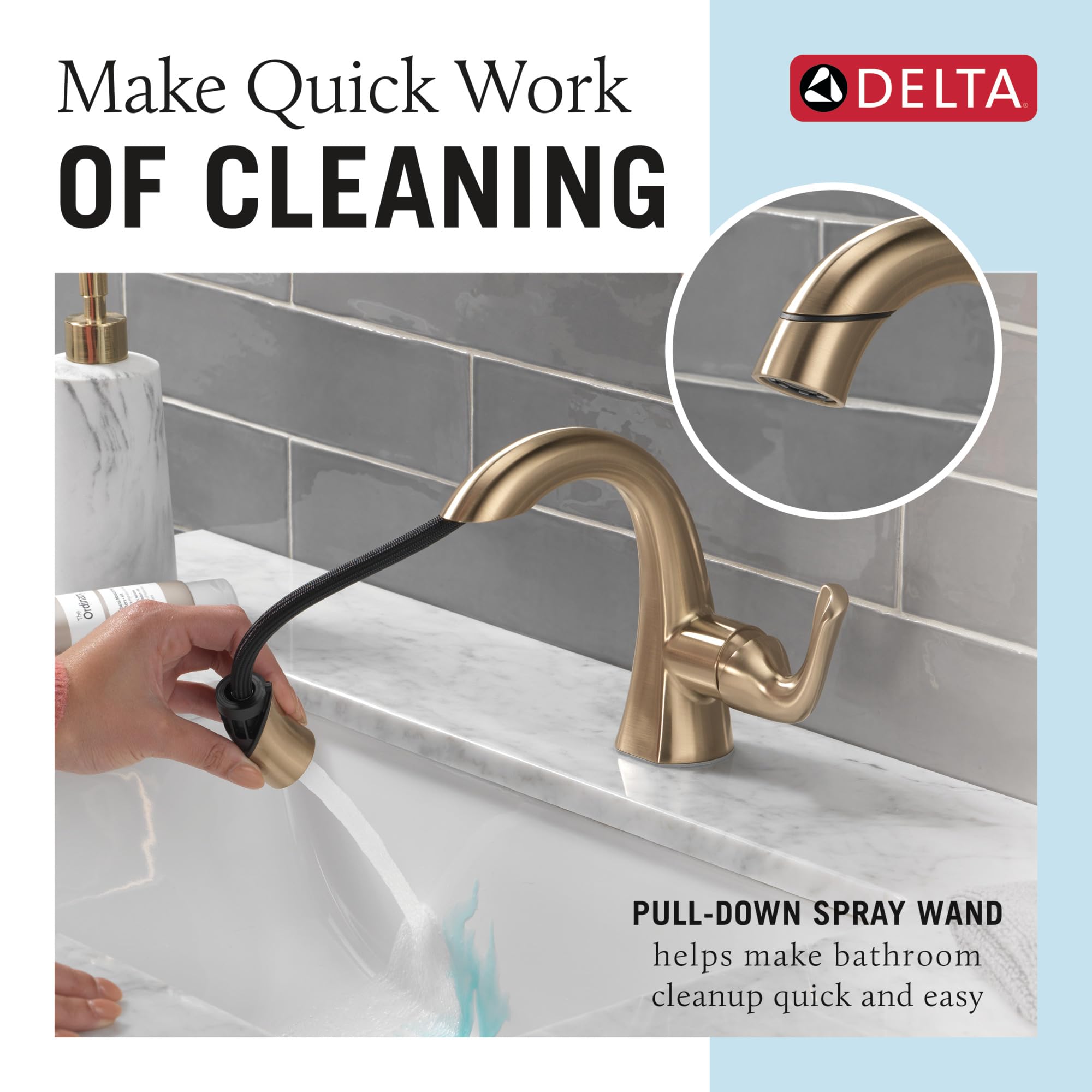 Delta Faucet Arvo Pull-Down Single Hole Bathroom Faucet, Gold Bathroom Sink Faucet, Bathroom Faucet with Pull Out Sprayer - Image 2
