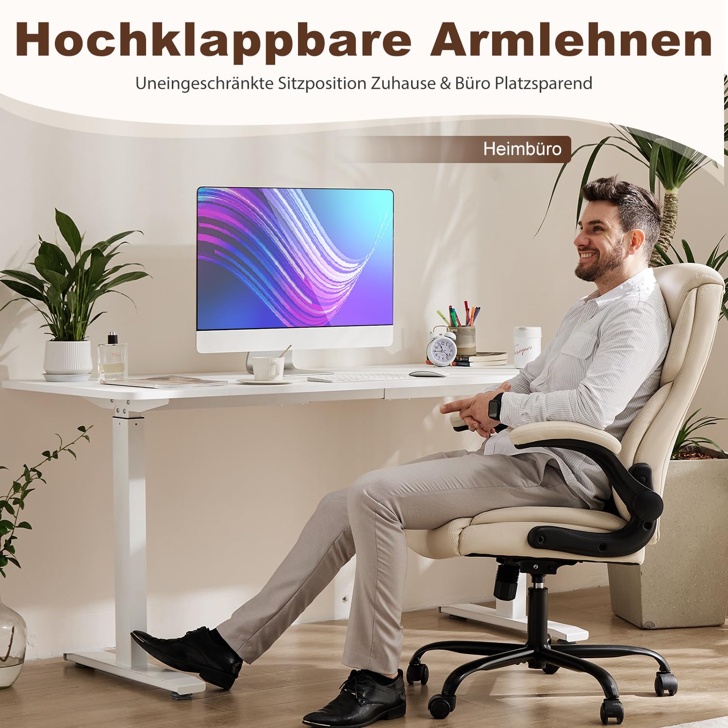 DUMOS Bürostuhl Pu-Leder Chefsessel mit Hochklappbaren Armlehnen Bürostuhle Leder mit Drehbaren Rädern Office Chair Ergonomic Geeignet für Büros Zuhause und Andere Umgebungen