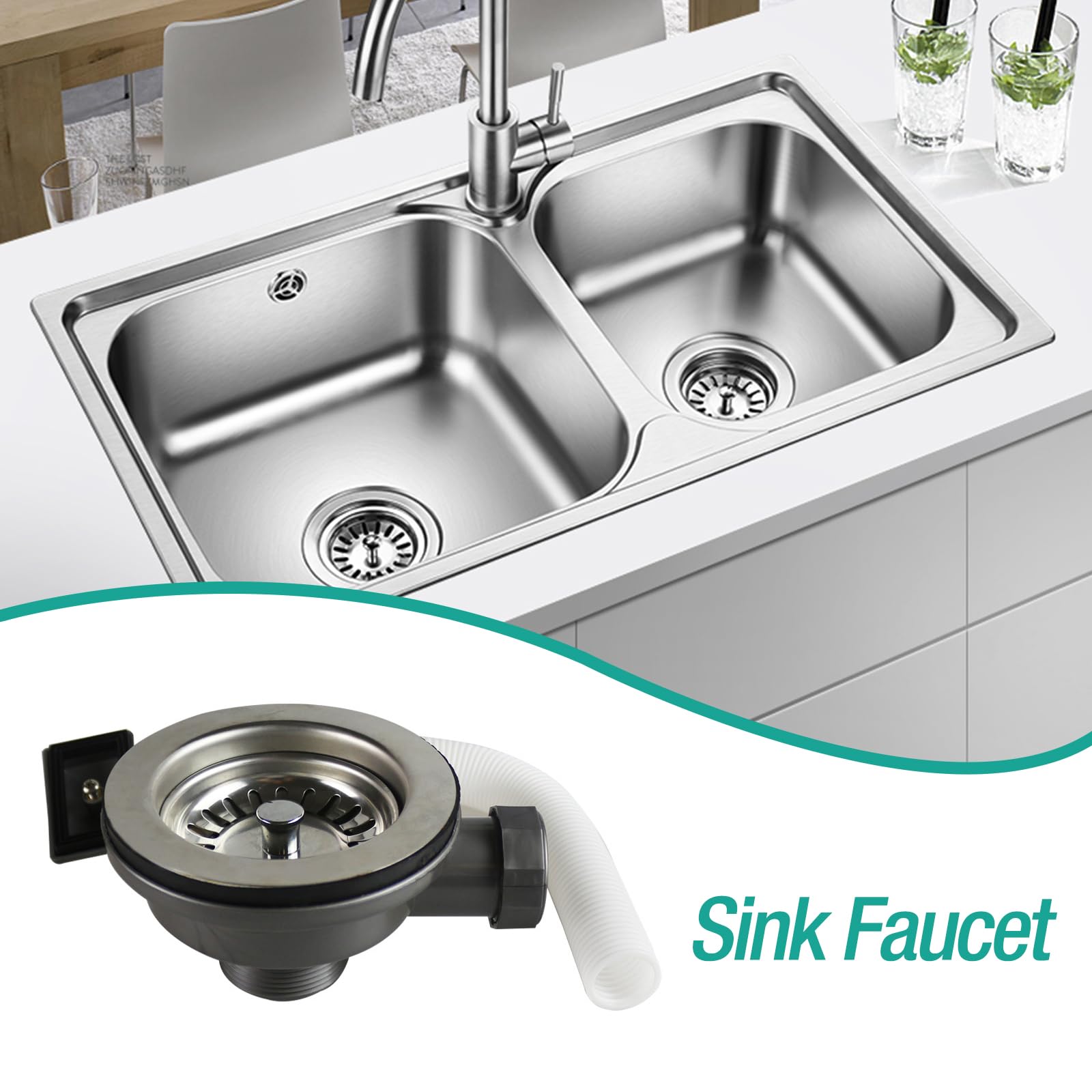 KQWVZ Roestvrij stalen zeefkorfventiel, keukenspoelafvoerset, sifon keukenspoelbak, afvoergarnituur met overloop, diameter 110 mm bovenaan, voor keuken/badkamer, roestvrijstalen afvoer, zeefmand met