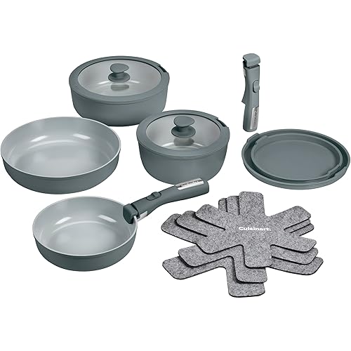 Cuisinart 13-Pc, ClickSmart Nonstick Detachable Handle Ceramic Cookware, Pots and Pans Set, Stackable Space-Saving Design, Compatible with All Stovetops, Induction & Oven Safe, PURELYCERAMIC