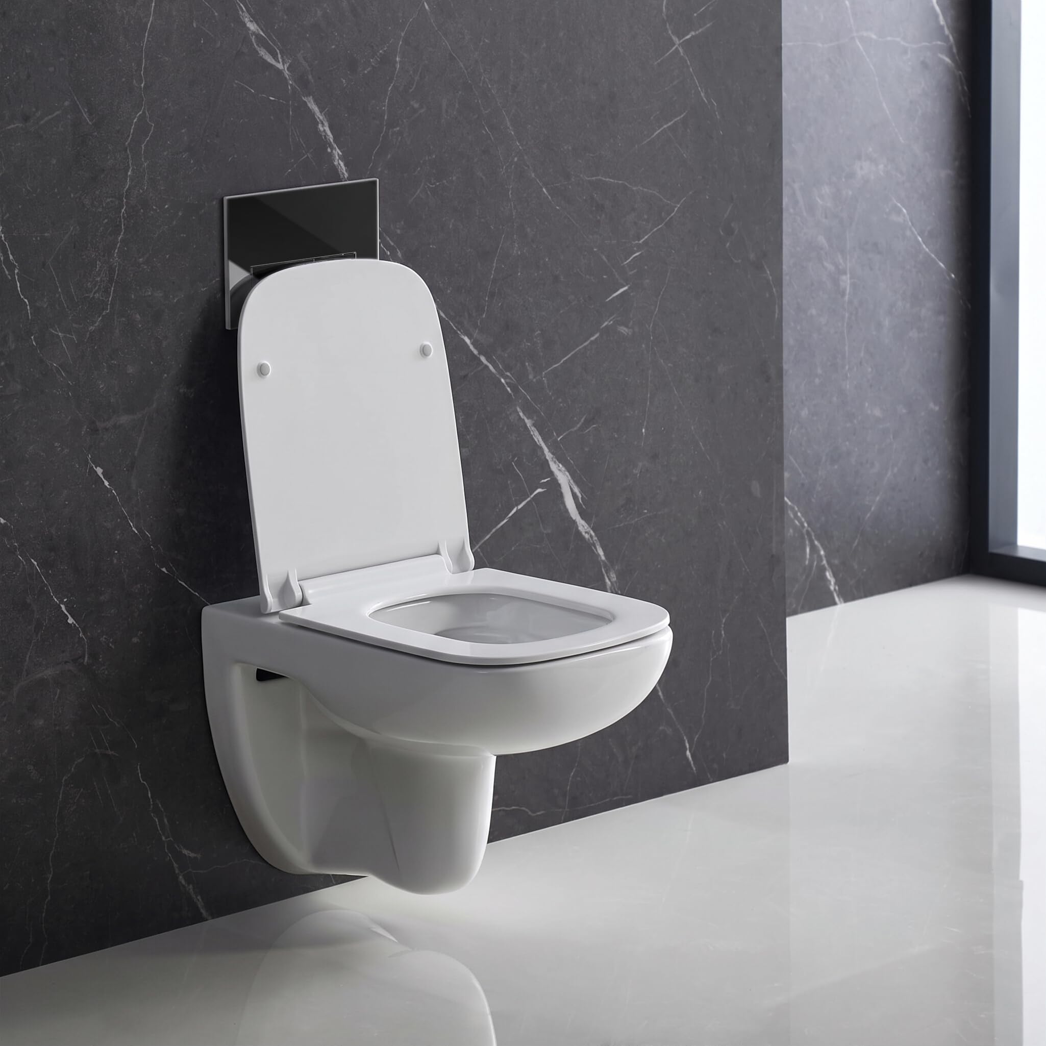 Set per WC con piastra di pressione + WC da parete Capri Slim senza bordo + sedile WC con chiusura soft close (RC)