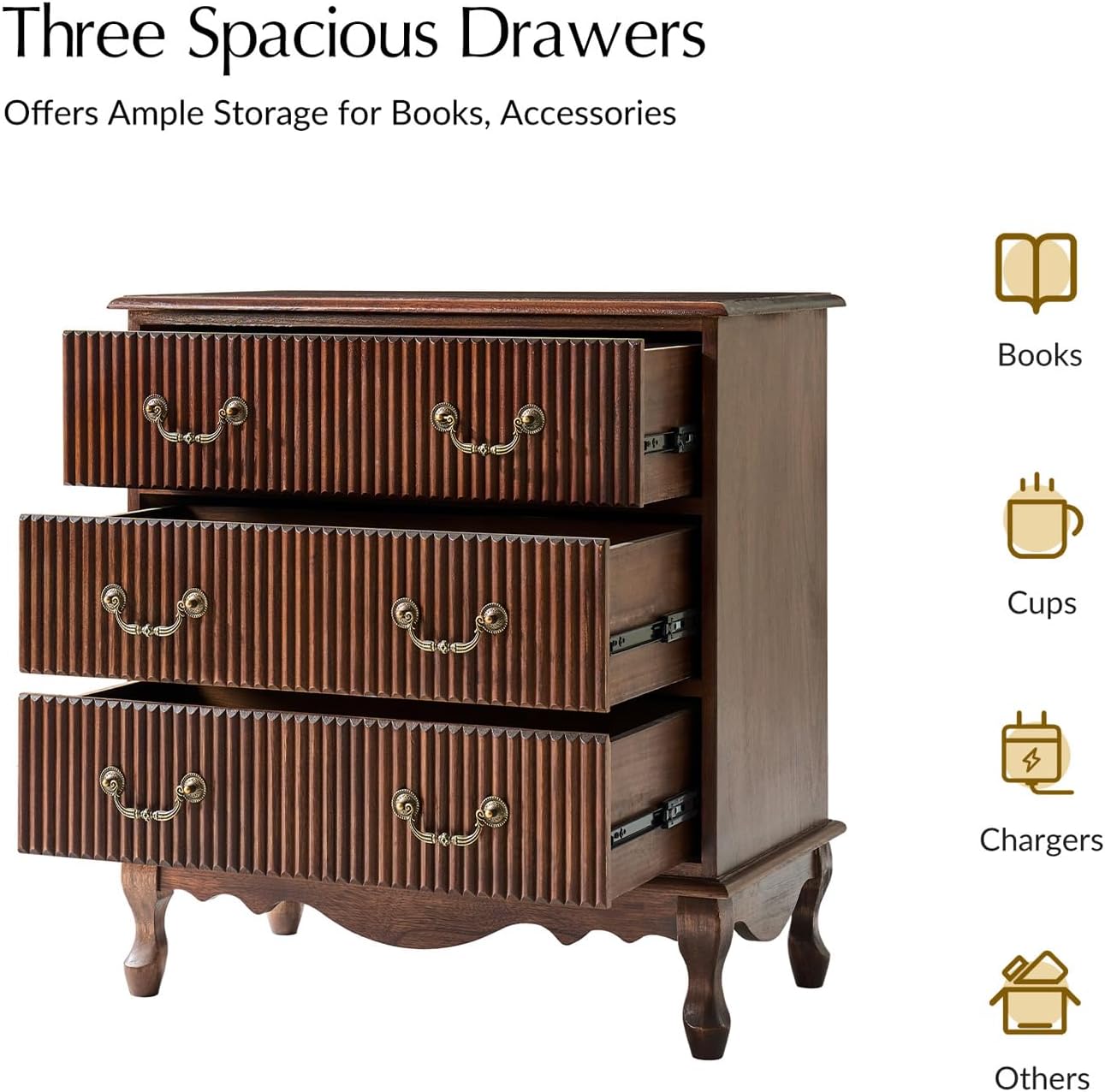 Side table with three drawers partially open, revealing storage space for various items like books, cups, and chargers.