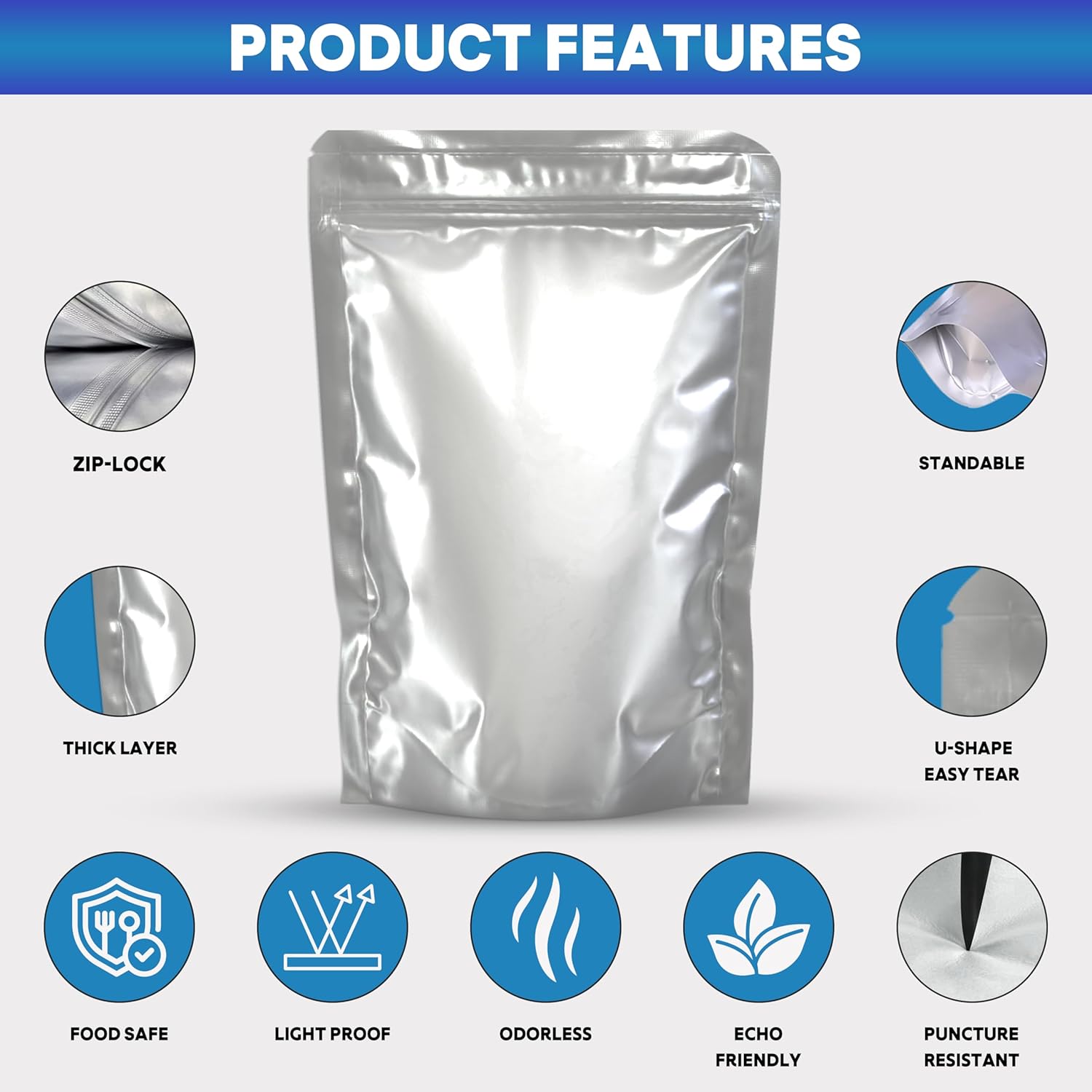 Mylar Bags 50 Pcs For Food Storage With Oxygen Absorbers | Airtight Resealable Foil Pouches For Long Term Storage, Reusable ziplock Bags pack of 1 gallon(25pcs) and 1 quart (25pcs)