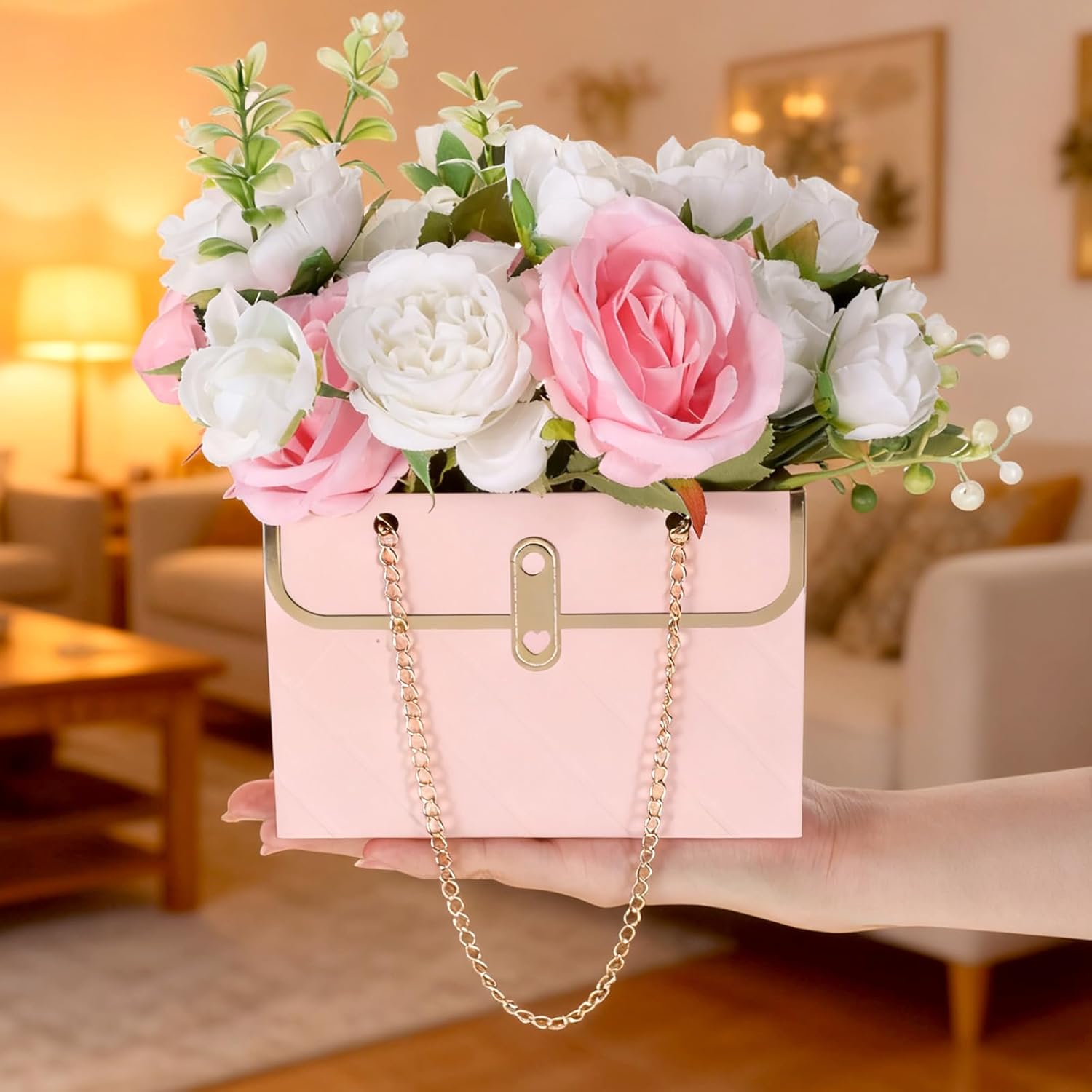 4 Pcs Flower Paper Gift Box Bouquet Storage Bucket, Flower Boxes Wedding Florist Handbag with Metal Chain, Floral Craft Wrap Bag for Arrangements Valentine's Day Birthday Mother's Day (Pink White) - Image 4