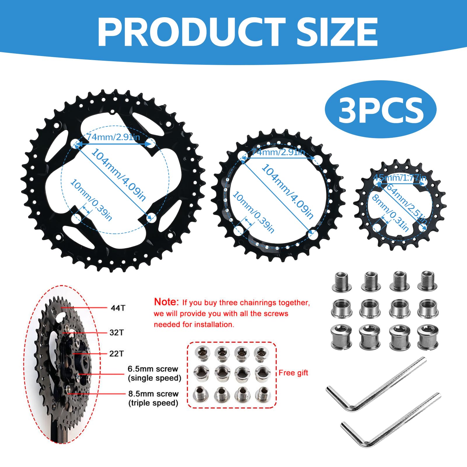 64/104 BCD MTB zębatka łańcuchowa, 3 x 9S 22T 32T 44T potrójna tarcza łańcuchowa do roweru, okrągła, zestaw potrójnych tarcz łańcuchowych z 2 kluczami do roweru górskiego, część zestawu