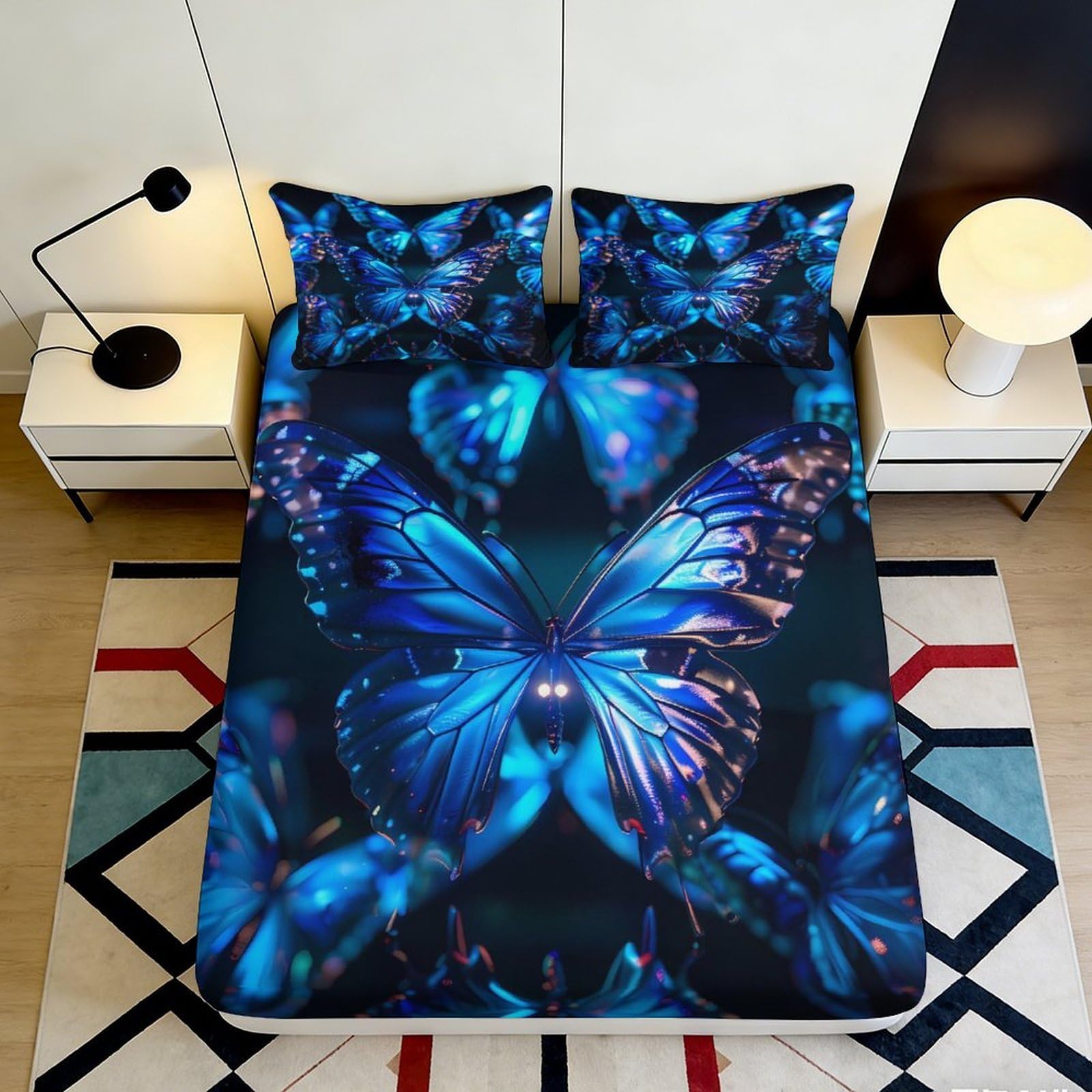 3D Printed Blue Butterfly Fitted Sheet Microfiber Soft Non-slip Mattress Cover for Bedroom Guest Room Dorm Decor 160x200x25cm