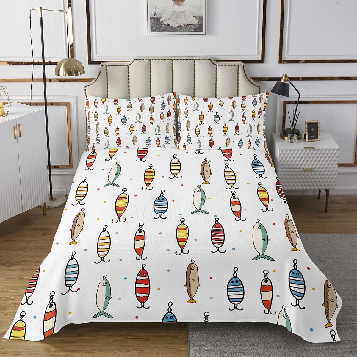 Feelyou Fishing Lure Bedspread Twin Size Colorful Fish Bait Coverlet Set White Fishman Quilted Coverlet for All Season with 1 Pillowcase Microfiber Lightweight