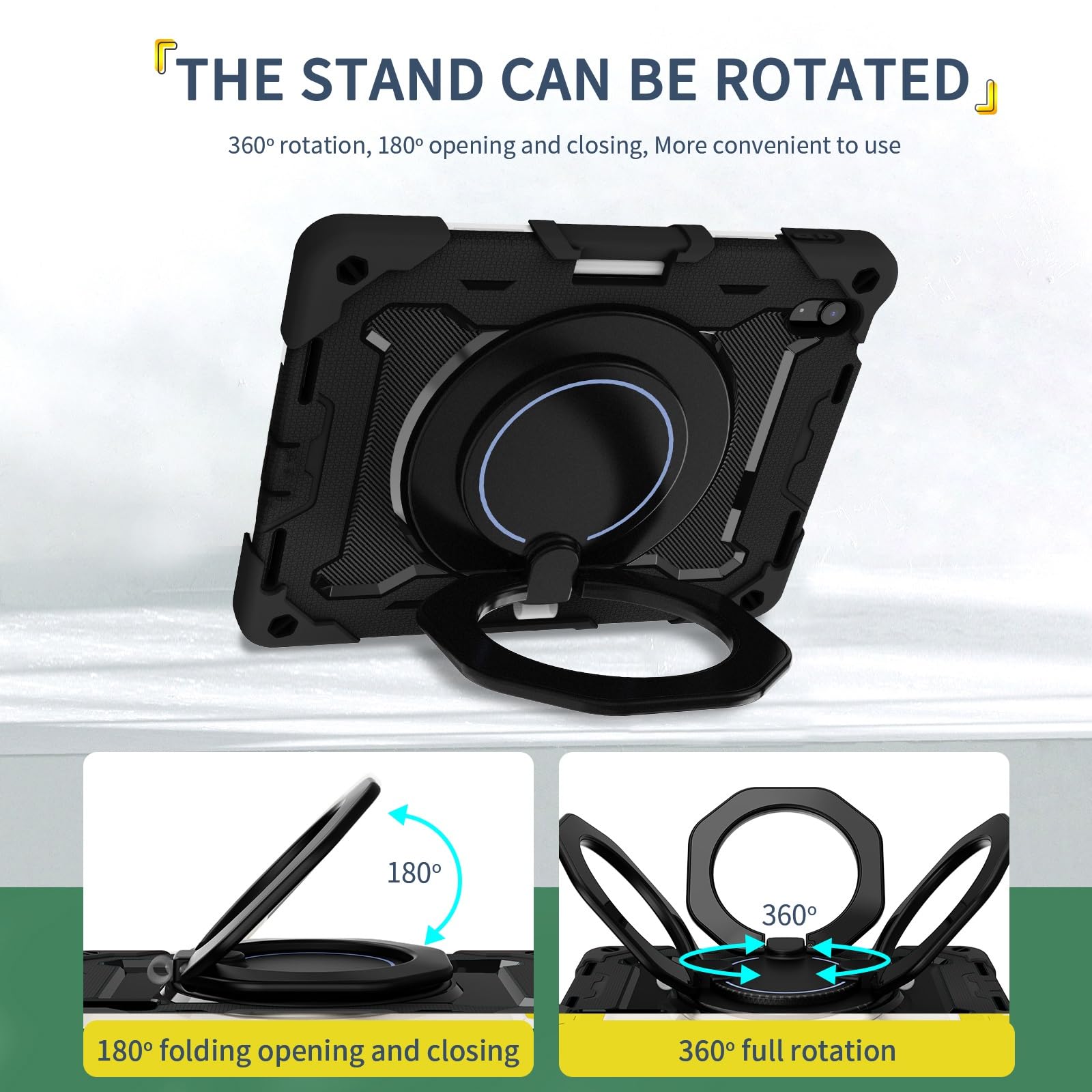 Custodia per tablet per iPad di 11a generazione A16 da 11 pollici 2025, resistente, antiurto, con cavalletto, robusta custodia protettiva con tracolla (nero)