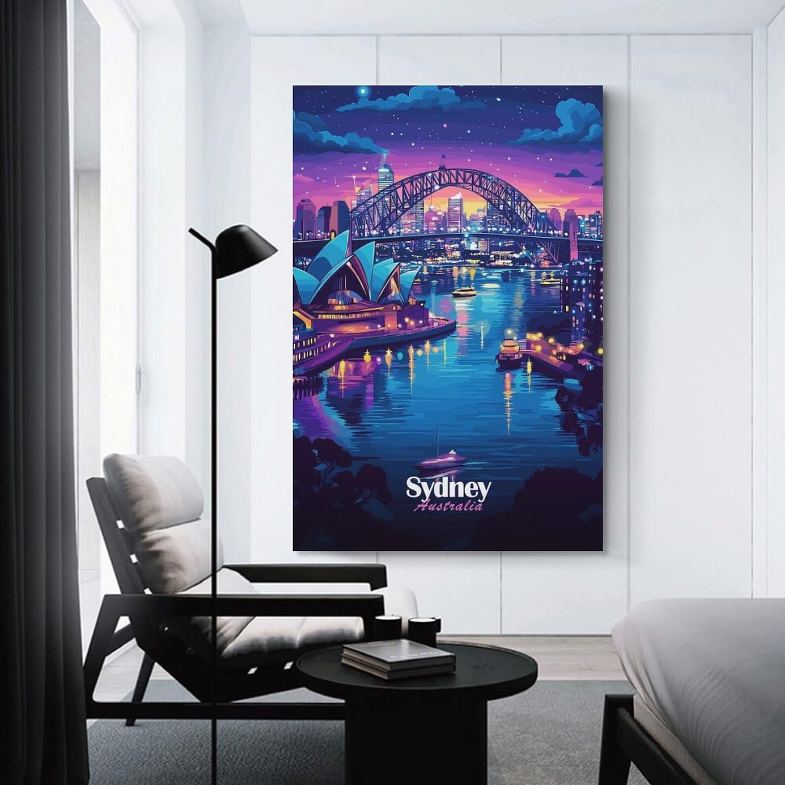 Junmoney Canvas Wall Art Sydney Harbour Night, 24x36inch(60x90cm), for Bedroom, Guest Room Or Reading Nook, Canvas Wall Decor for Personal Spaces