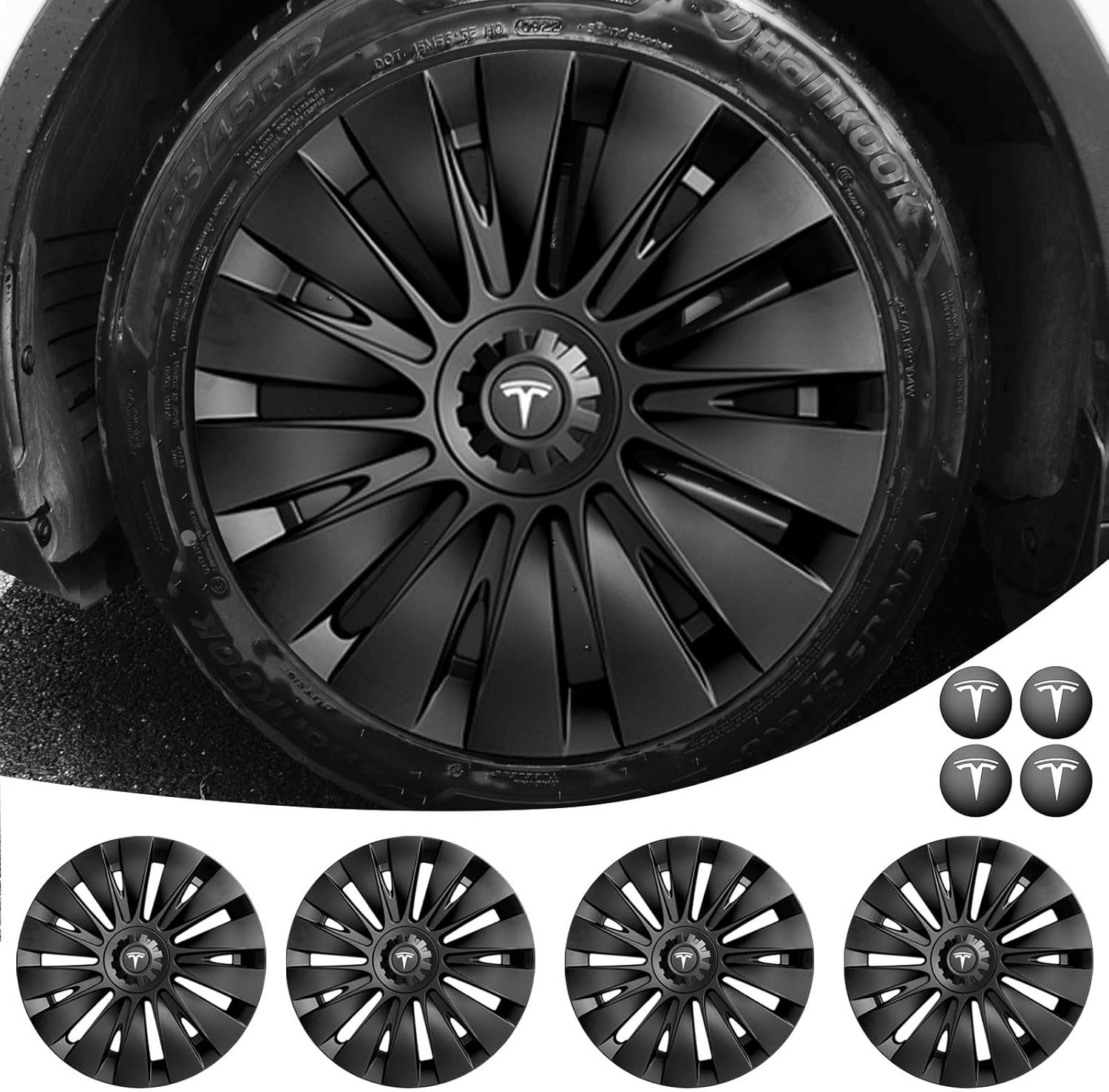 Limsas Tesla Model Y Wheel Cover Hubcap 19 Inch,Tesla Model Y Accessories, Matte Black Model Y Wheel Cover Compatible with Tesla Model Y 2021-2023,Hubcaps with Four Logos,Set of 4-Flare Black Edge Model Y Wheel Cover