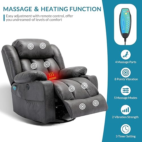Miniatura 6 de Silla reclinable manual giratoria de 360 grados con masaje y calor, puertos USB, bolsillos laterales y portavasos (gris)