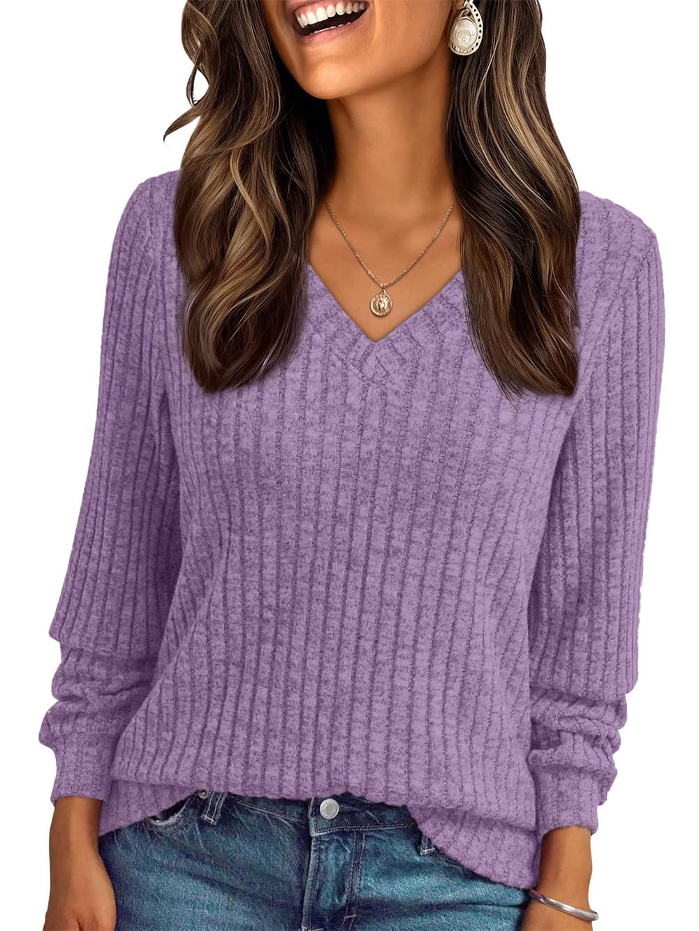 Haslike Damen-T-Shirt, V-Ausschnitt, gerippt, langärmelig, Tunika, Tops, lockere Passform, Sweatshirts