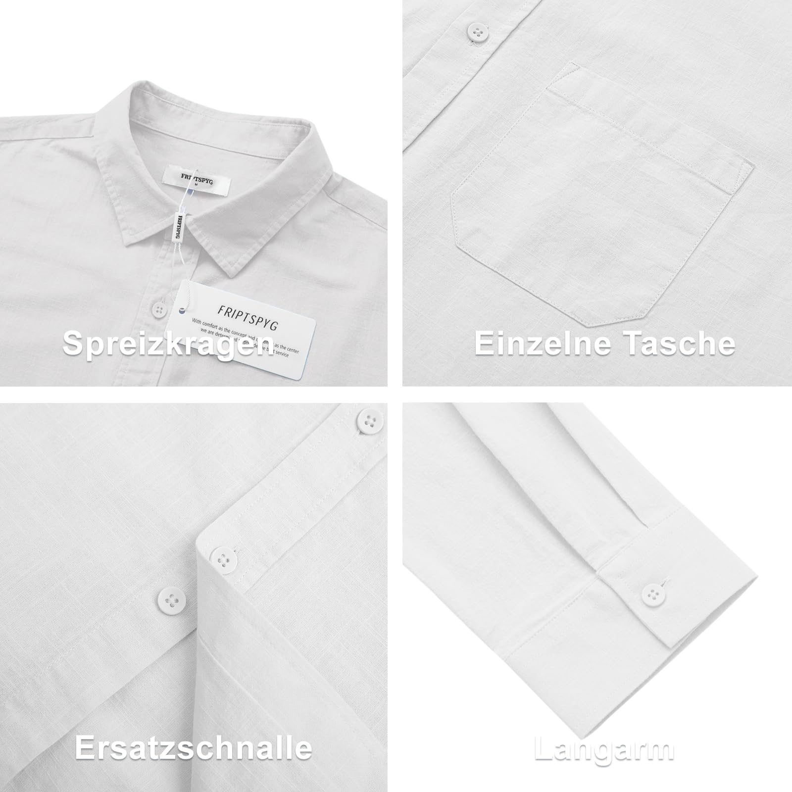 Friptspyg Leinenhemd Herren Langarm Baumwolle Leinen Hemd Herren Freizeithemden Casual Regular Fit Sommerhemd mit Tasche