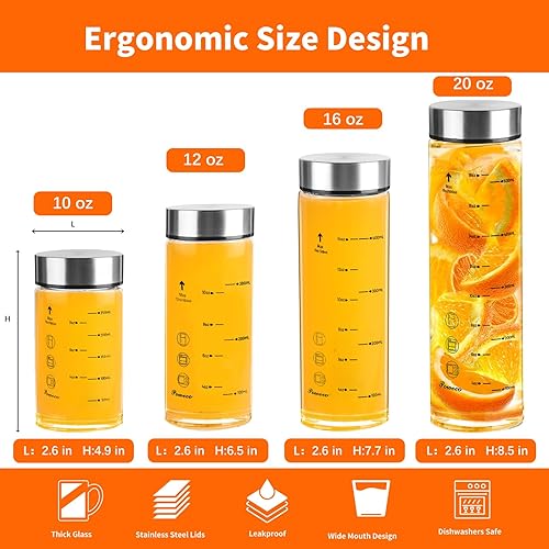 Miniatura 2 de Botellas de vidrio para jugo, paquete de 4 botellas de agua de vidrio de boca ancha con tapas, para jugos, proteínas, licuados, leche,