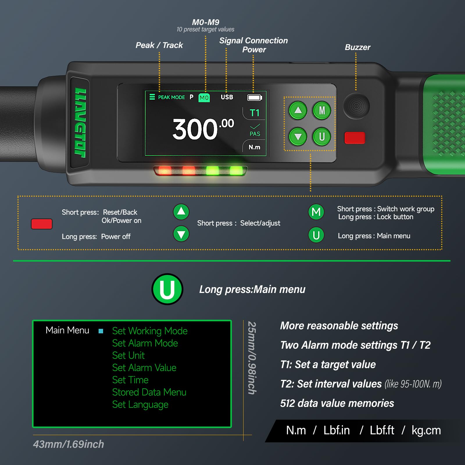 Chiave Dinamometrica Digitale 1/2, 20-400 N.m, ± 1% Chiave Dinamometrica con Suoneria e Display LED per Auto, Moto e Bici