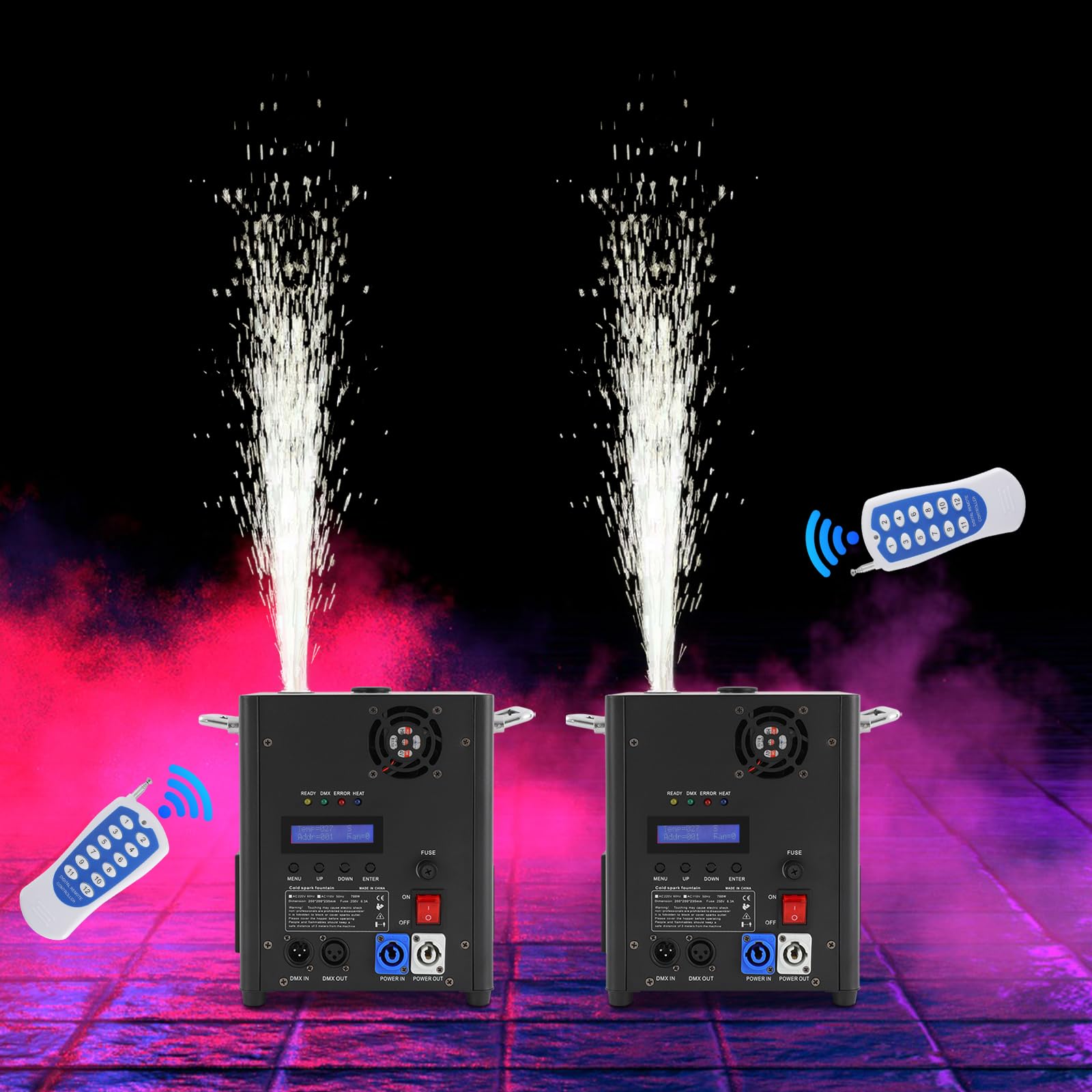 Elektronisch Pyrotechnikmaschinen 2 Stück 700W Cold Spark Feuerwerksmaschine Spark Machine mit DMX Fernbedienung und LCD Display Bühne Spezialeffekt Ausrüstung für Party Halloween Hochzeit Konzert