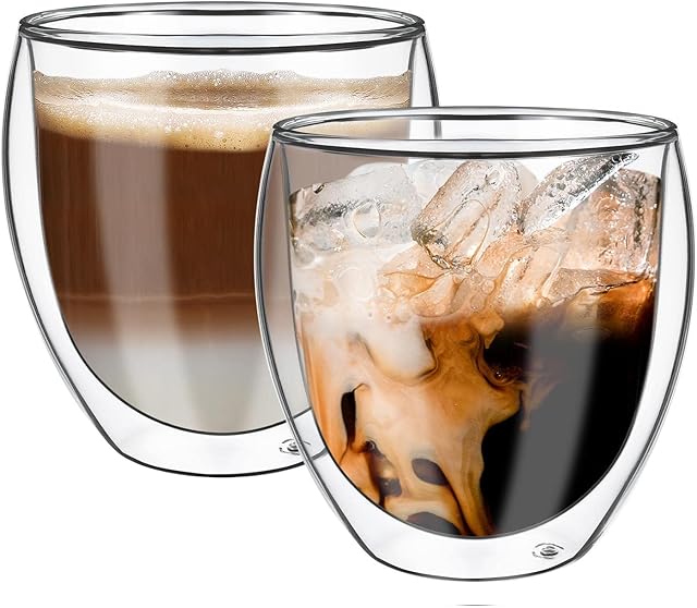 Vinsani ARC Double Walled Coffee Drink Glasses 380ml Set of 2 Heat Cold Resistant Minimalist Aesthetic Clear Borosilicate Glass Cup Latte Cappuccino Macchiato Dessert Ice Cream Hot and Cold Drinks