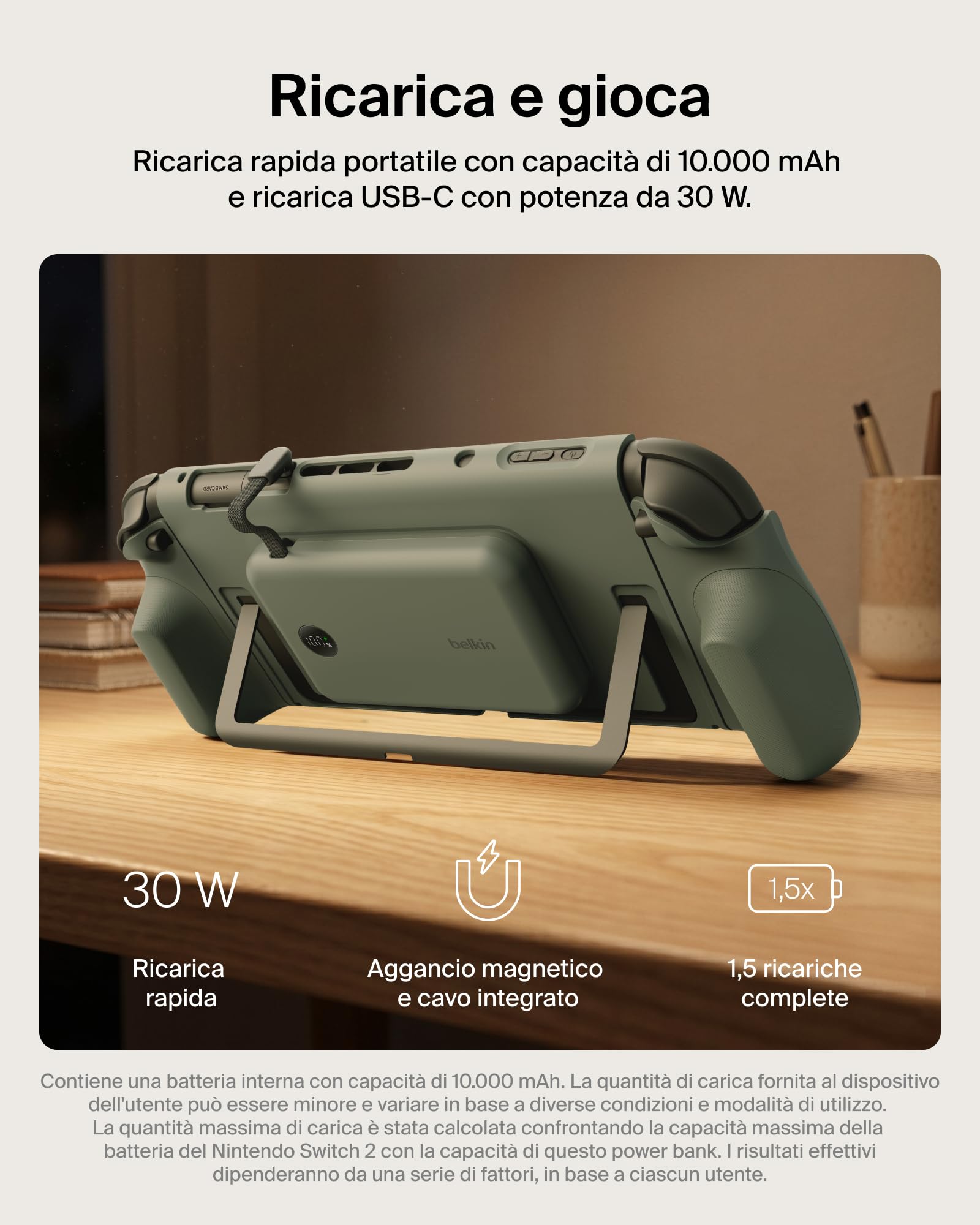 Belkin Gaming Impugnatura Ricarica Nintendo Switch 2, Power bank 10K, Verde | Caricatore Portatile 10000mAh, 30W, Caricatore Magnetico, Compatibilità Supporto, Maniglia Antiscivolo Ergonomica, Display