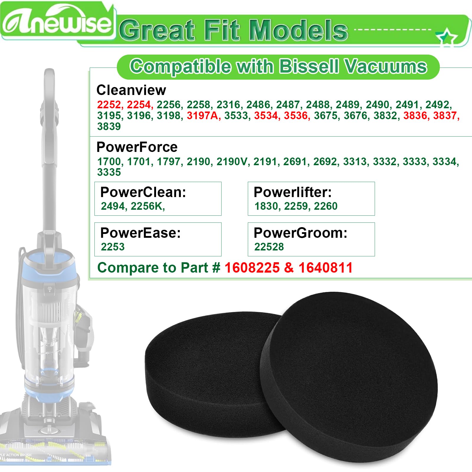 Anewise 4 Pack 1608225 Filter for Bissell for Cleanview Swivel Rewind 3836 3197A 2252 3536 2254 3534 3837 Powerforce Helix Turbo 1701 1797 2191 2190 Upright Vacuum, Filters Replacement Part 1640811