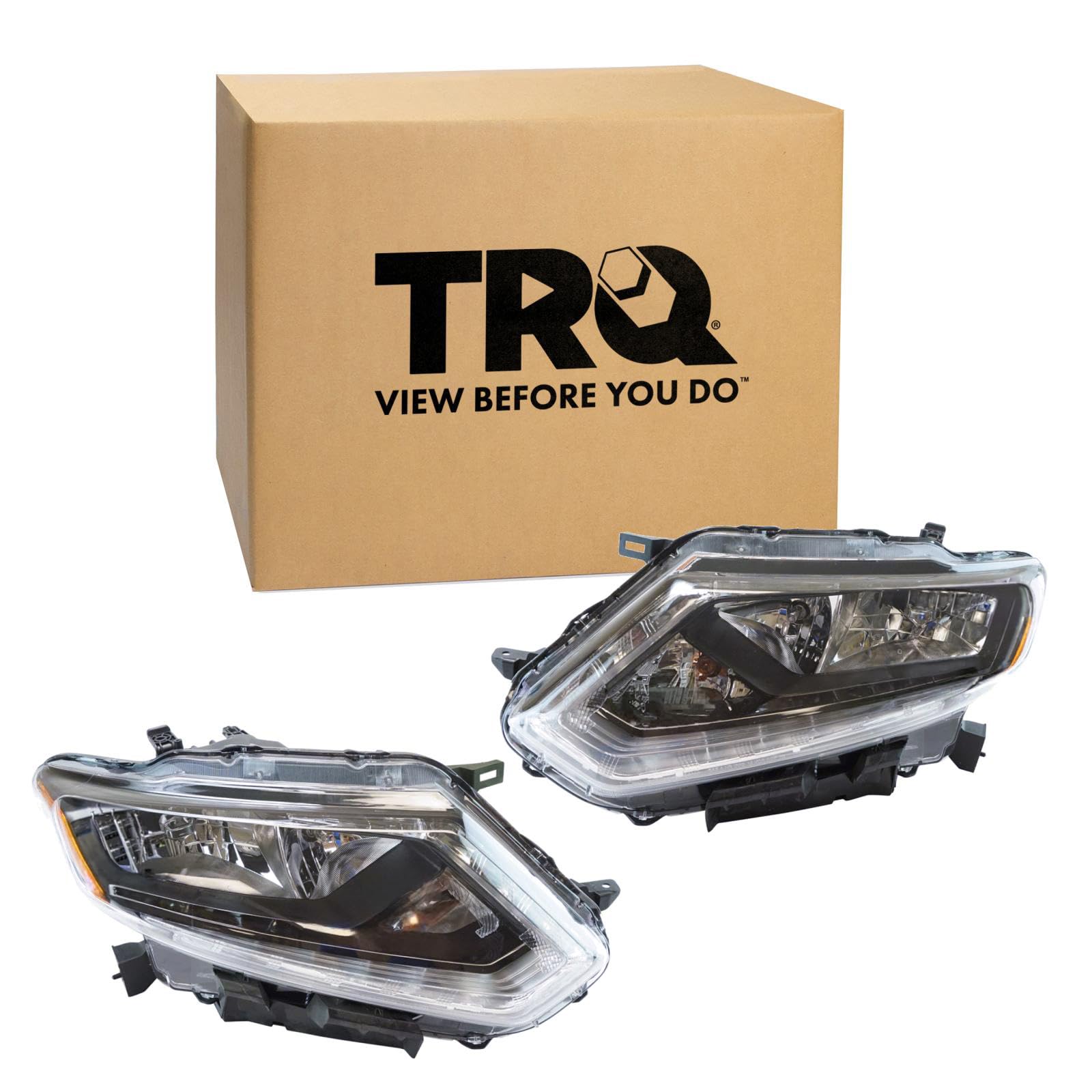 TRQ Driver and Passenger Side Headlight Assembly Set Compatible with 16 Nissan Rogue 14-15 1st VIN Digit 5 US Built 15 Korea K Halogen Only