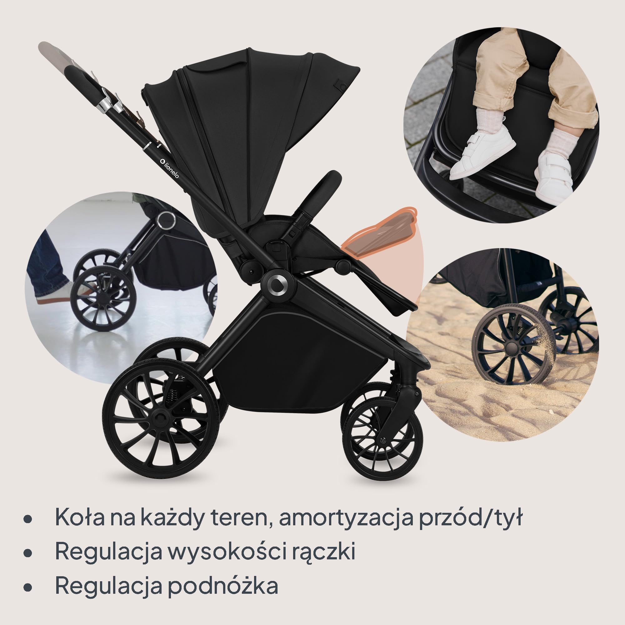 LIONELO MIKA PLUS 2 w 1 Wózek Spacerowy Dziecięcy 0-48 miesięcy do 22 kg Gondola do 9 kg, Regulacja Oparcia i Podnóżka, Amortyzacja, AiryDots, Obrotowe Koła PU 360° Budka XXL (Czarny)