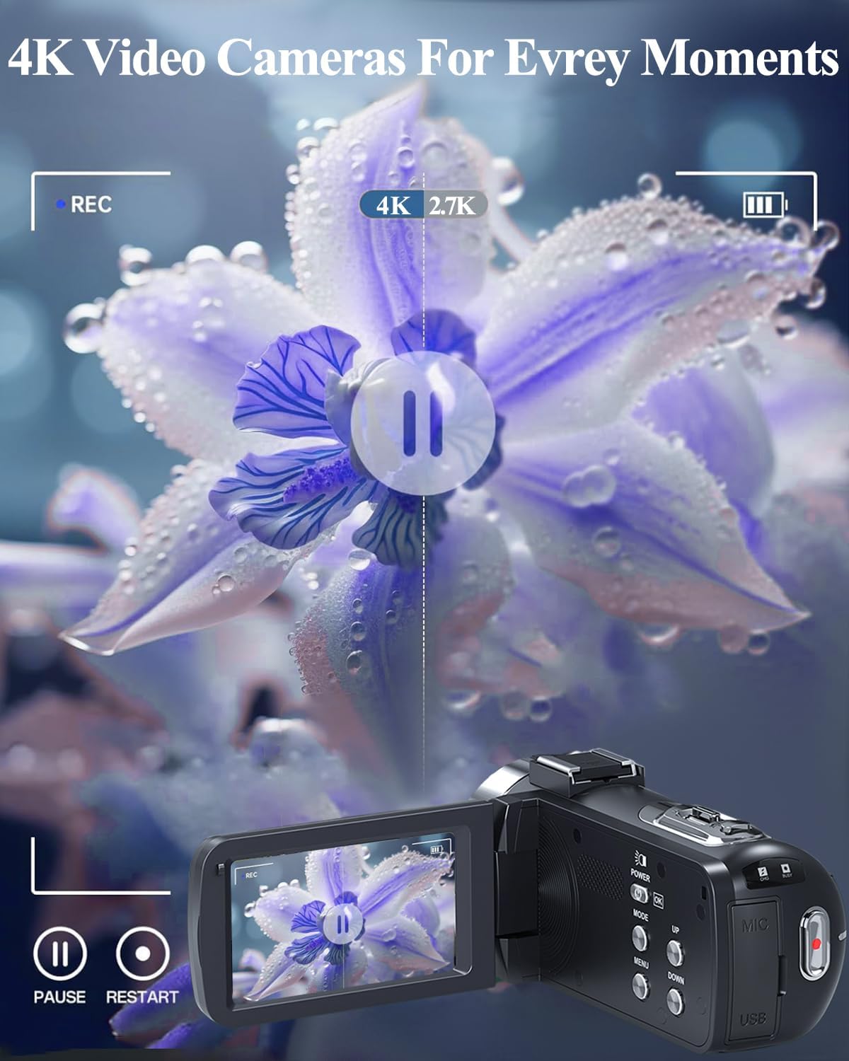 4K Camcorder Video Camera HD 80MP IR Night Vision Vlogging Camera for YouTube 18X Digital Zoom Camera Autofocus 3.0" 270°Rotation IPS Screen Video Recorder with 32GB SD Card, Lens Cap and 2 Batteries