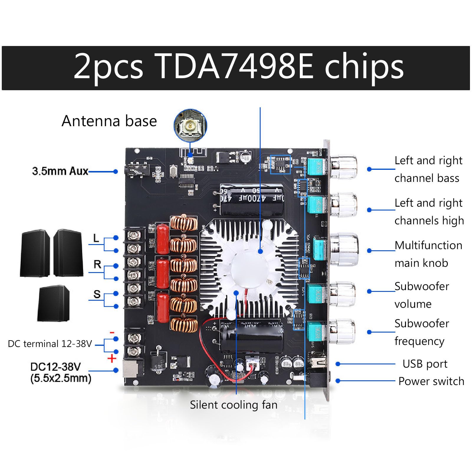 XY-S220H 160W*2 220W TDA7498 Bluetooth Subwoofer Power Amplifier Board 2.1 Channel Hifi Class D Audio Power Amplifier Board - 502 - View #6
