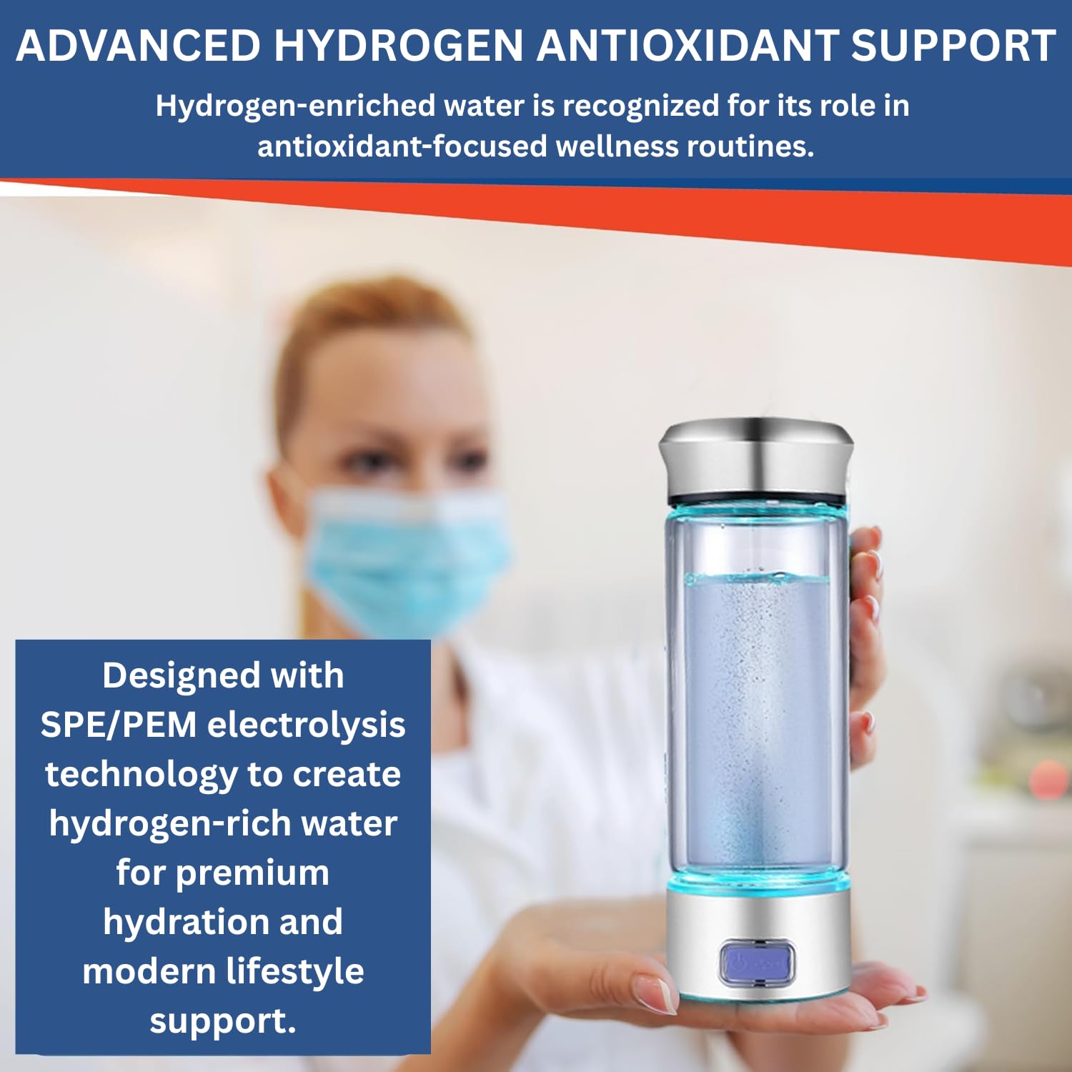 LevelUpWay - Botella de agua con generador de hidrógeno de vidrio, tecnología SPE PEM, ionizador de agua
