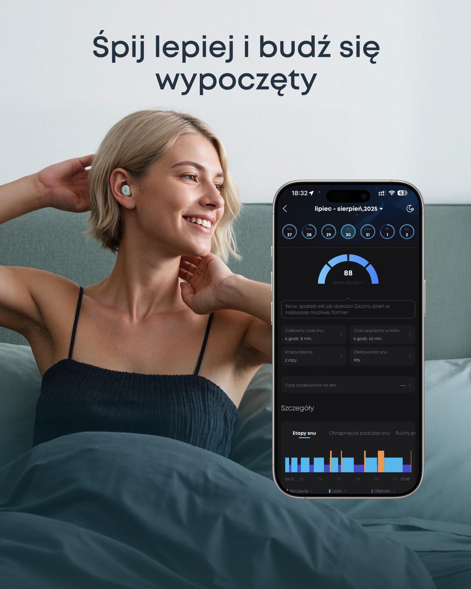 Soundcore Auricolari Sleep A30 di Anker, Cuffie per Il Sonno con Cancellazione Attiva del Rumore, Sistema Adattivo di Mascheramento del Russare, Massimo Comfort per Sonno Laterale, 45 Ore di Gioco