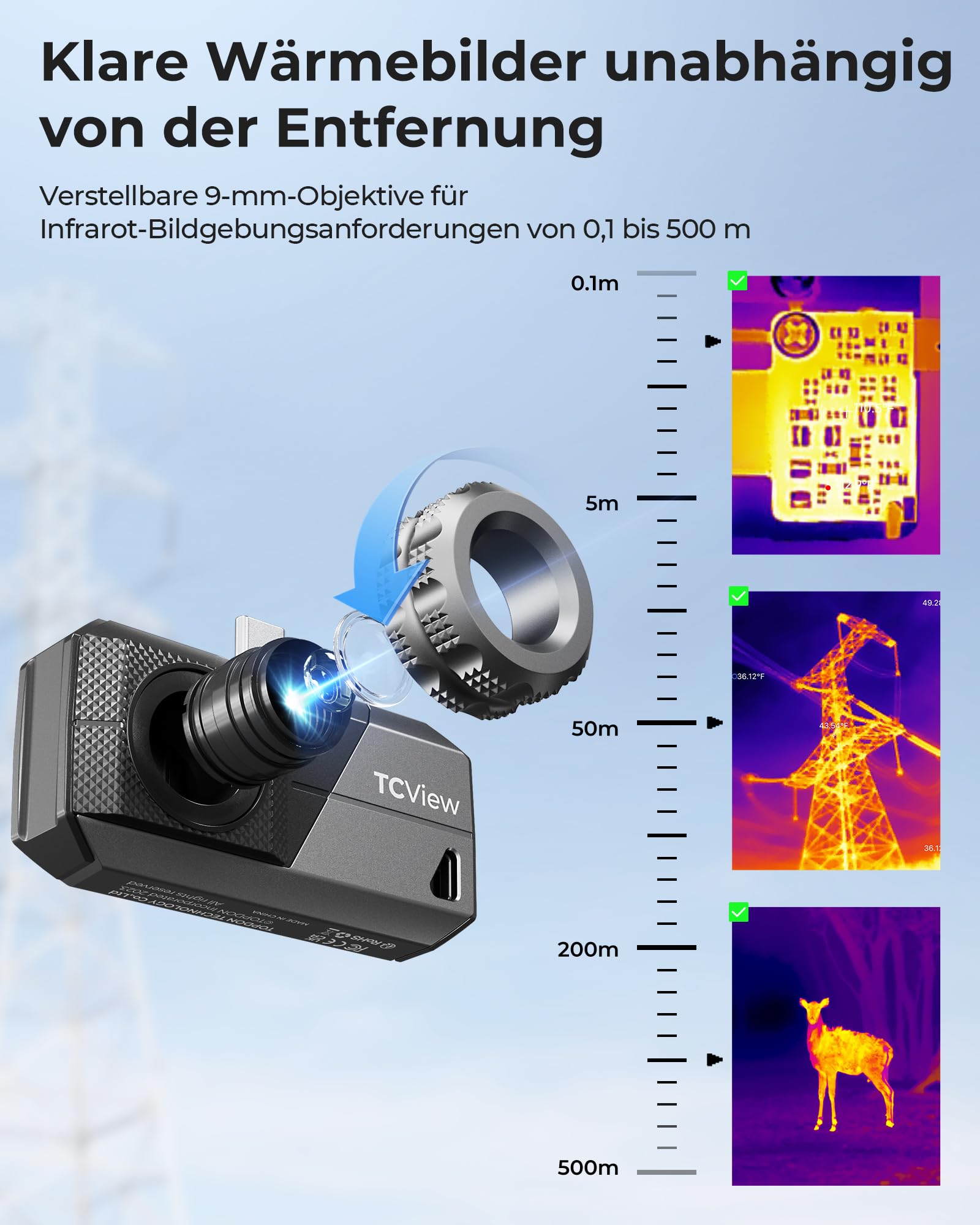TOPDON TS001 Wärmebildkamera Android, 9mm einstellbares Objektiv, Beobachtungsbereich 0,1 bis 500M, 512 x 384 IR-Auflösung, Manuell fokussierende für Leiterplatten, Schädlingsinspektion, Outdoor, Jagd