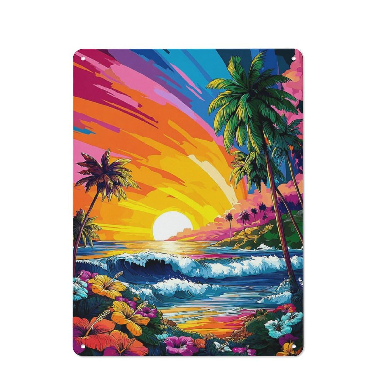 Junmoney Vibrant Tropical Sunset Scene -1 Metal Wall Sign 40X30cm Featuring For Garage Or Workshop, For Vintage Wall Decor Fans, For Metal Sign Collectors