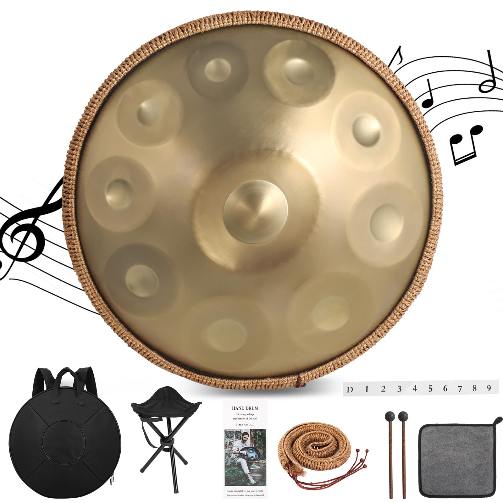 Handpan Instrument, 22 Zoll 9/10 Töne 440/432HZ Hand Pan Drum Steel Tongue Drum Zungentrommel für Yoga, Meditation mit Handtaschen Trommelstöcken, Trommelständer (10 Töne-440HZ)