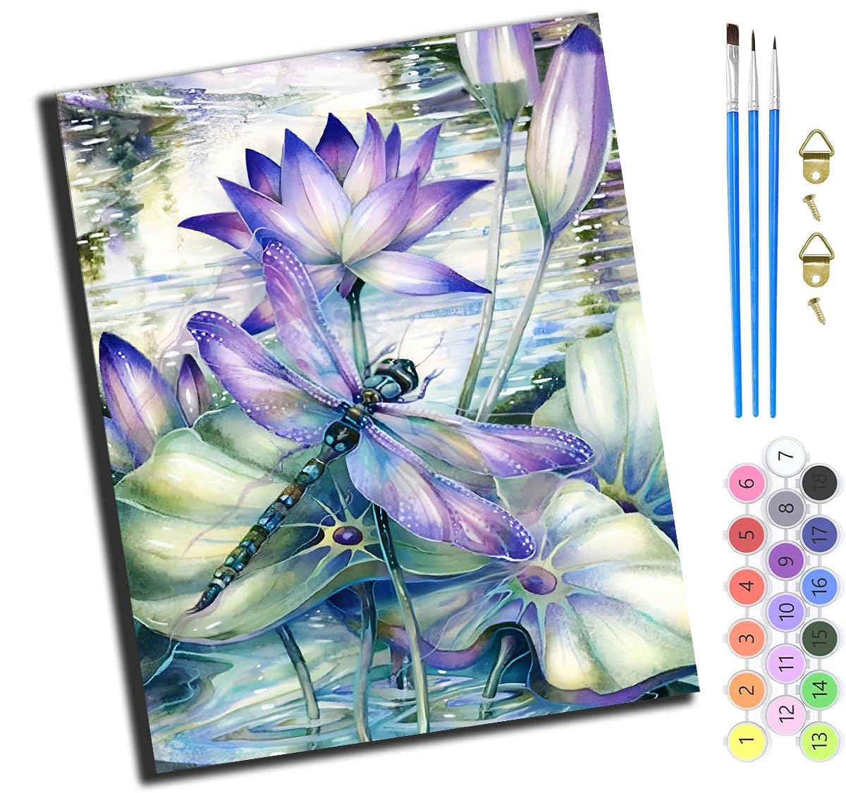 XIAOYOUQIAN Dragonfly and Purple Lotus,Paint by Numbers Kits for Adults,DIY Color Oil Painting Acrylic Paints for Home Wall Decor 16X20Inch，-Frameless
