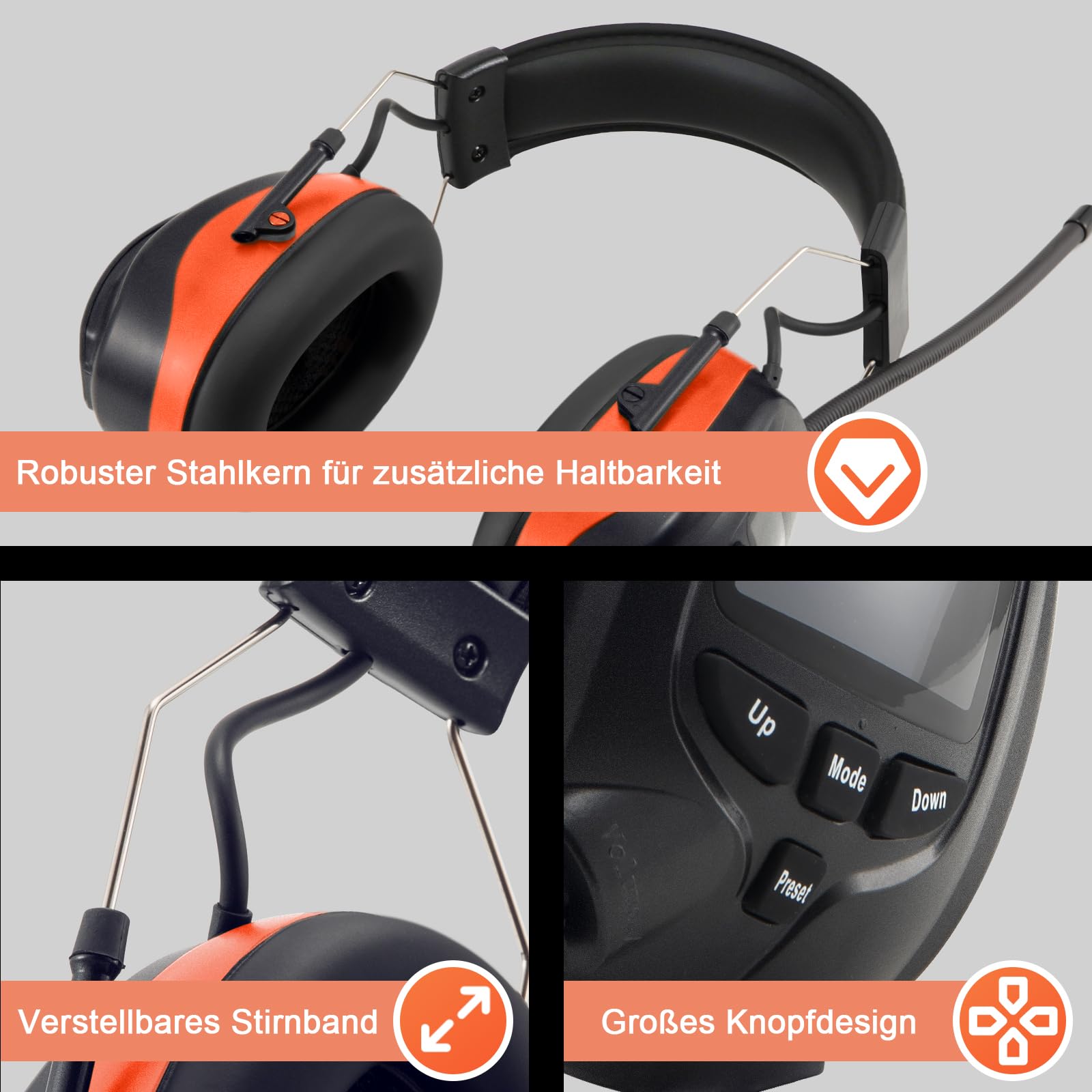Casque anti bruit bluetooth5.4 avec radio DAB/DAB+/FM, protège-oreilles électriques rechargeables avec fonction mains libres, SNR 30dB