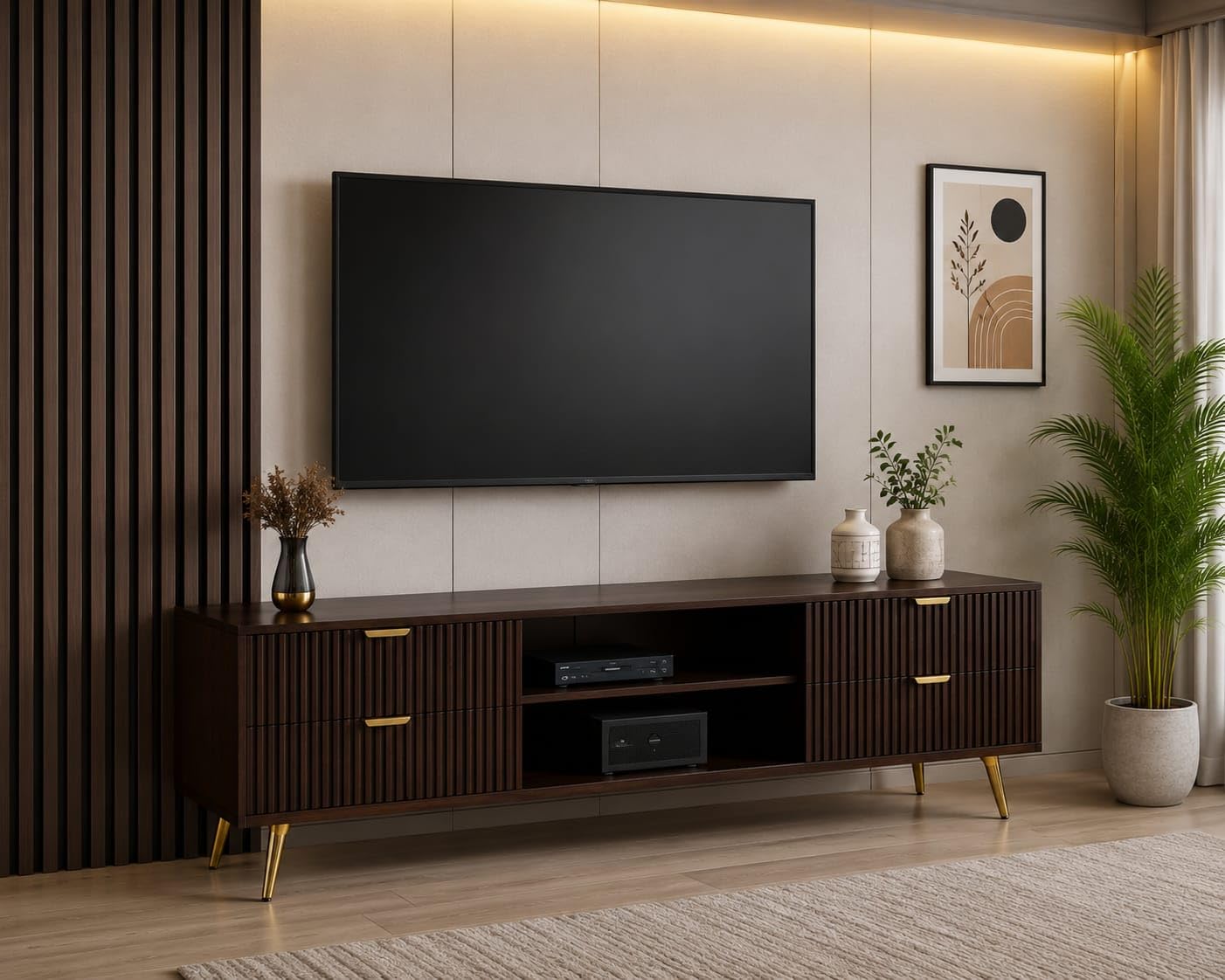Solid Sheesham Wood TV Unit with Fluted Design, 4 Drawers, 170 cm, Walnut | Open Shelf Storage, Gold-Tone Metal Legs, Mid-Century Modern, 170x40x50 cm, Living Room Cabinet-image-49