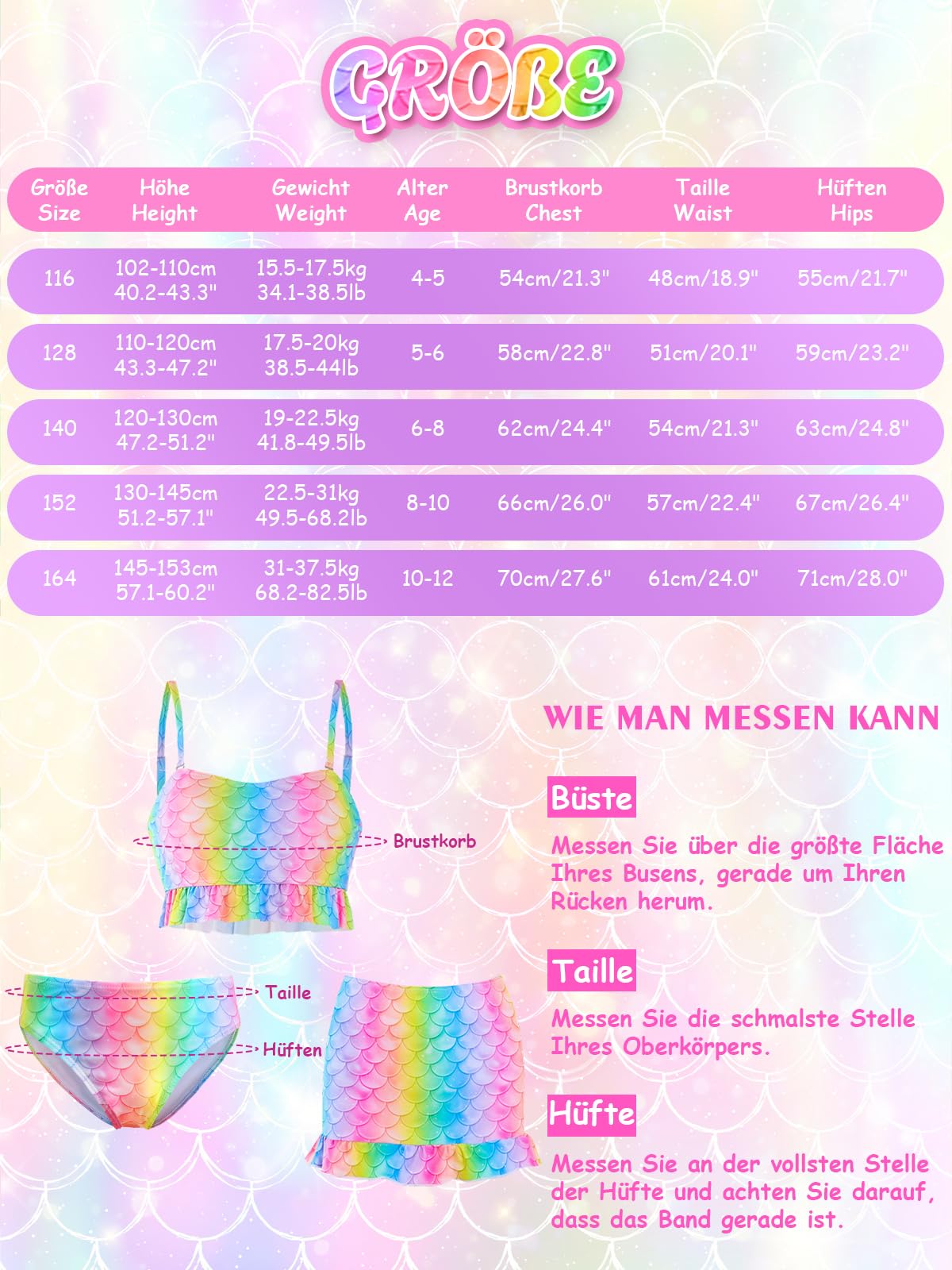 Maillot de Bain Fille 3 pièces Bikini Adolescente Bretelles réglables Maillots de Bain sirène Enfants 4-12 Ans