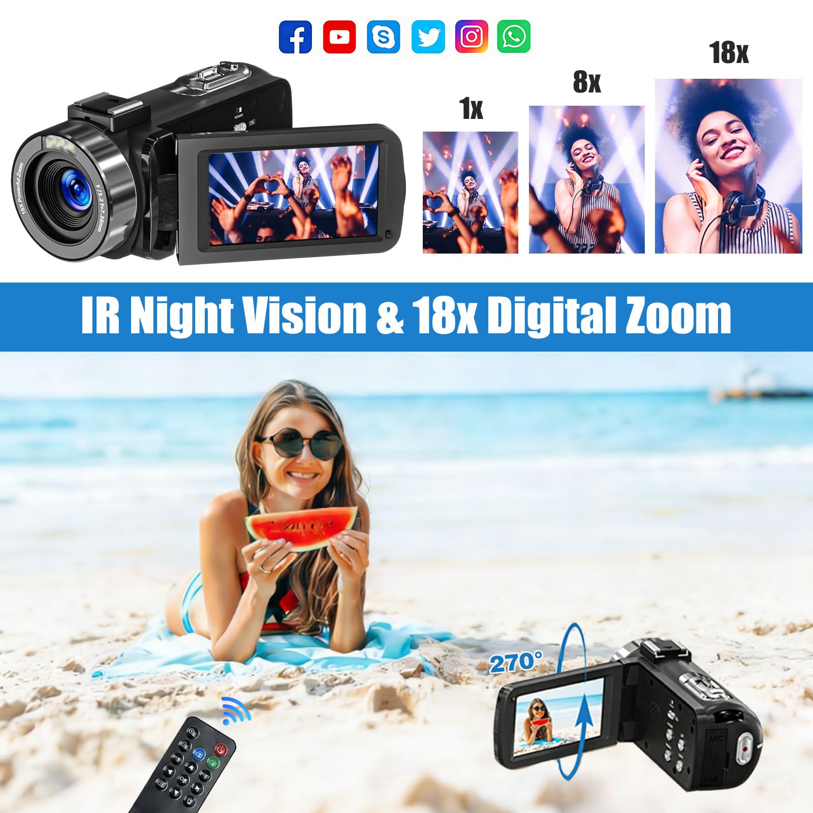 Videocamera 4K, 80 MP, HD, per YouTube, con visione notturna IR, zoom digitale 18x, schermo IPS da 3 pollici, scheda SD, 2 batterie