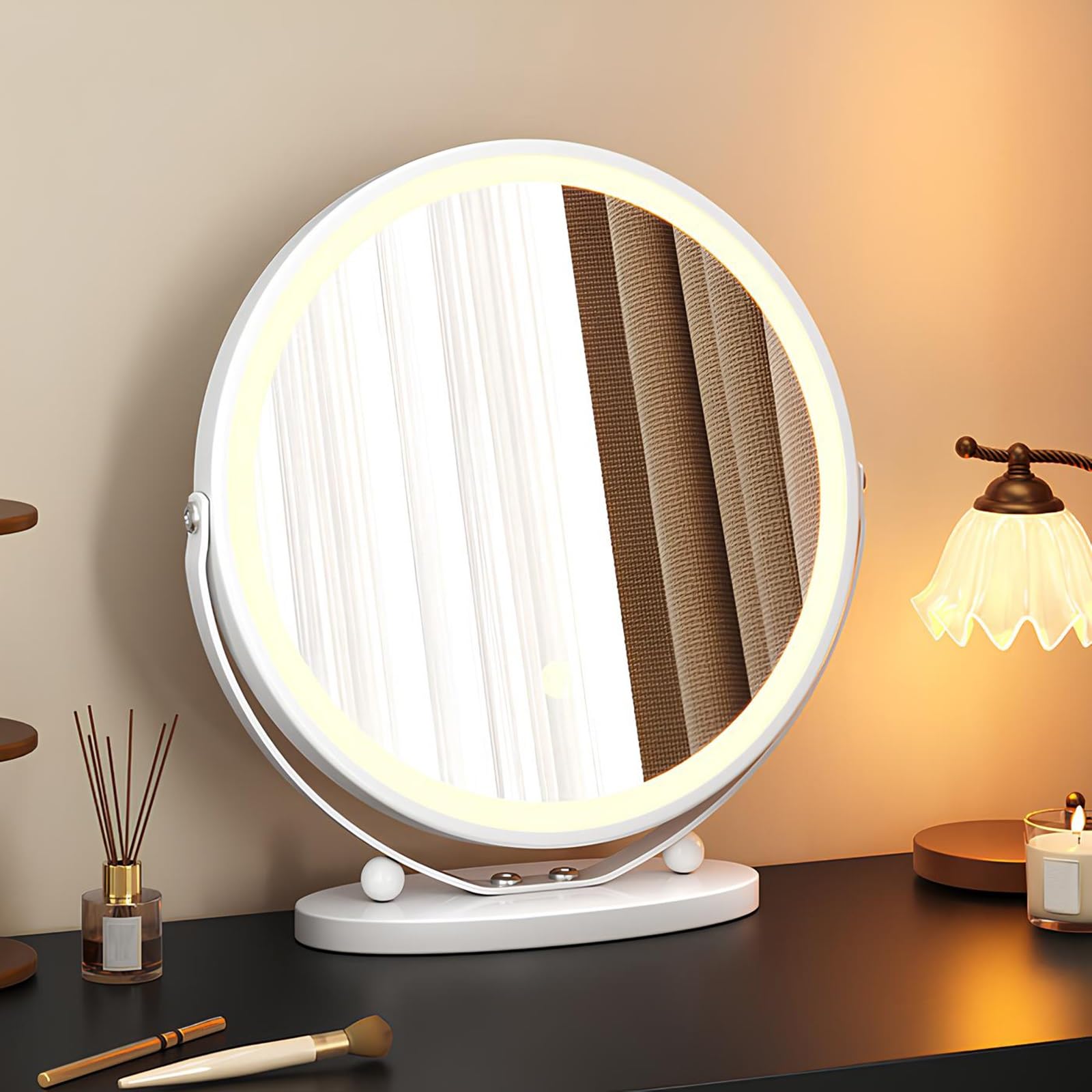 VQWQV Round Vanity Mirror With Lights, Large 360° Swivel LED Tabletop Mirror, Touch Control & 3 Dimmable Color, For Desk, Bedroom, Dressing Room(White,50cm/19.6in)