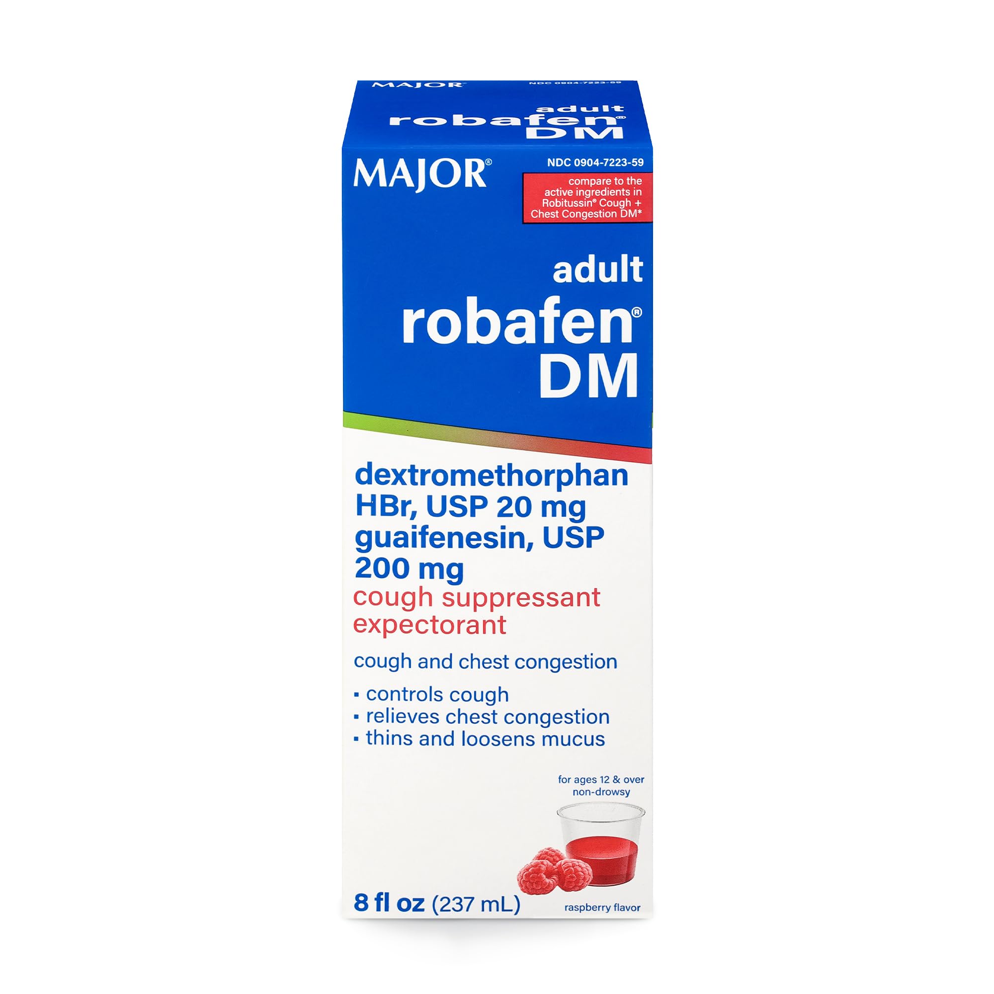 Major Robafen DM Raspberry Flavor Cough Suppressant and Expectorant for Adults, Non-Drowsy Cough Syrup for Chest Congestion Relief – 8 fl oz (1 Pack)