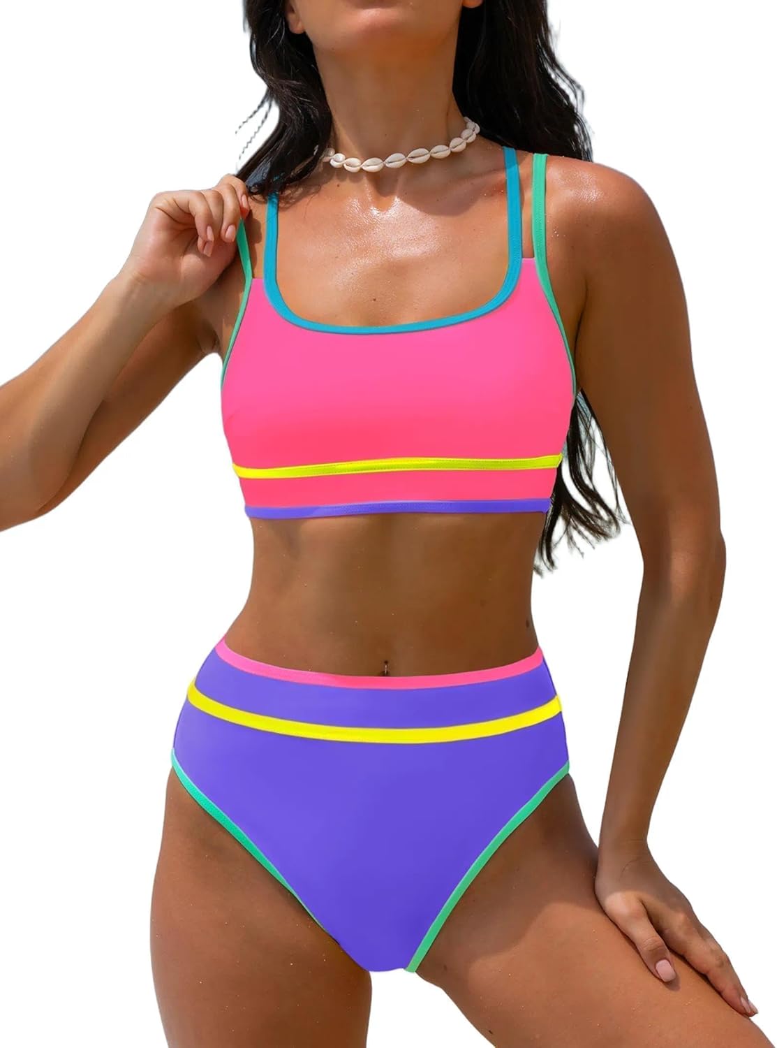 popvil Women's High Waisted Bikini Sets Neon Two Piece 2026 Swimsuit Sporty Adjustable Straps Bathing Suit